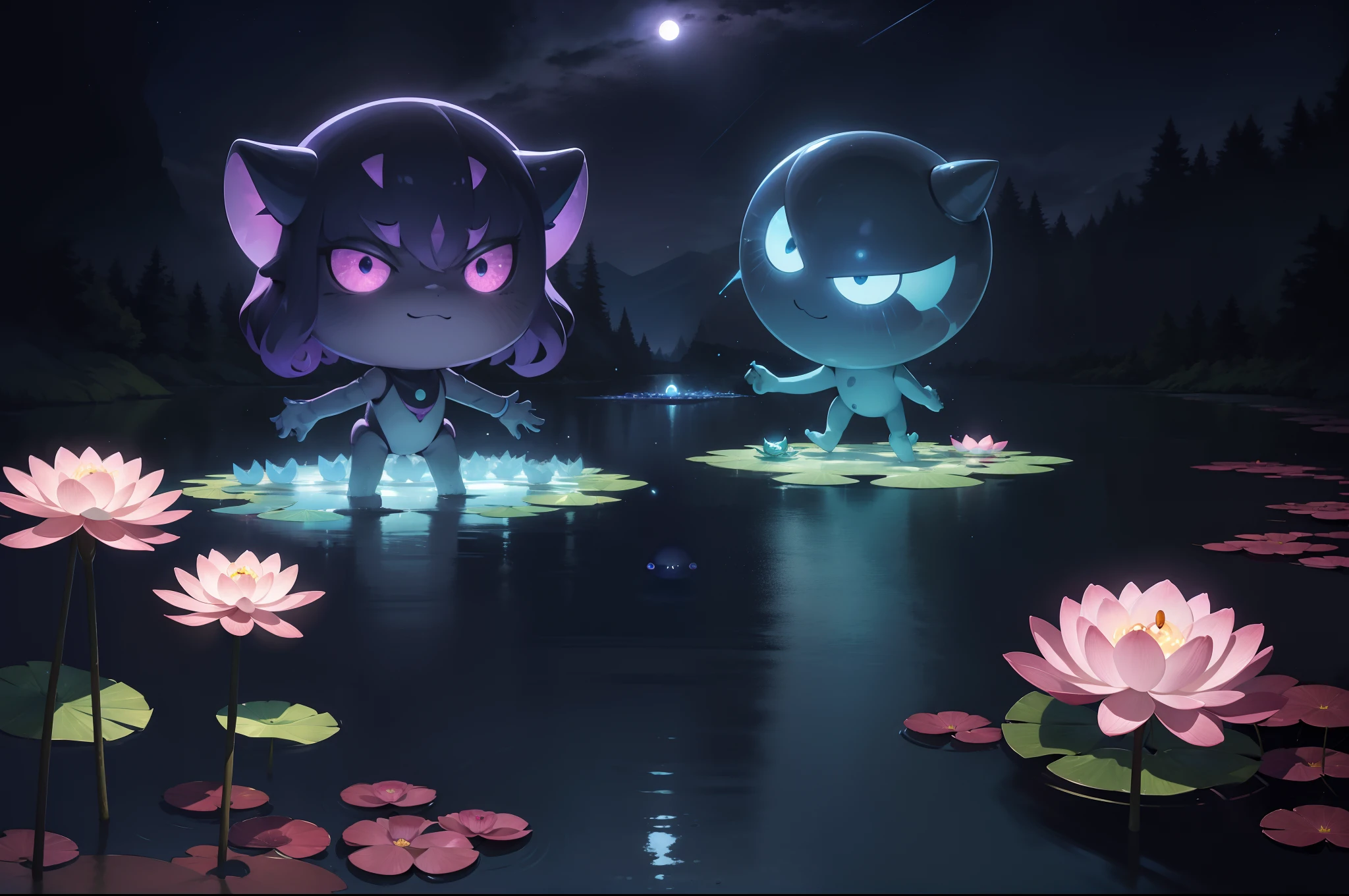 A cute little monster with three eyes forming a triangle, six limbs with five joints, blobbish body covered with bioluminiscent ruffled nuddles. He holds russet paddles with two limbs, he is paddling on a float navigating an alien lake. Flotating round ultraviolet leaves and pink lotus flowers with laser beams. Night, dark, two moons on different phases on the sky, alien landscape. Colourful palette.
Illuminated by moonlight, fireflies.
Great angular, deep depht of field, highly detailed.