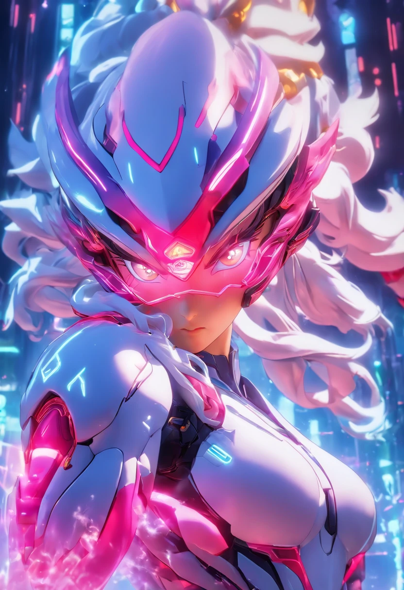 ChinesischDrache, (Blind Box Spielzeug Stil:1.2), (full-body shot) , 1 Transparent Girl,Hinter ihm steht ein durchsichtiger chinesischer Drache, Transparenter Mech, Exquisiter Helm:1.2, Leuchtende Brille:1.2, Cyberpunk, Dreamy glow, leuchtende Neonlichter, sauber, white background, ( Globale Beleuchtung, Rochen-Traching, HDR, Unwirkliches Rendern,Reasonable design, Hohe Detailgenauigkeit, Meisterwerk, best quality, hyper HD, Filmische Beleuchtung)