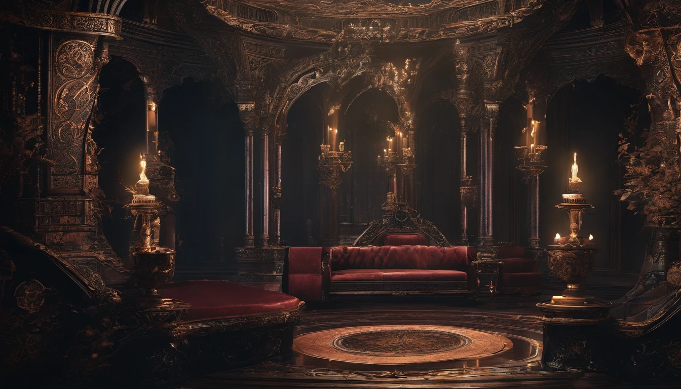 Photography, red sofa, tea table, Gothic living room, Gothic, Dim light, Gargoyles, Dark curtains, waxy candles, Satan painting, decorations, wooden floor, dawn, dark night