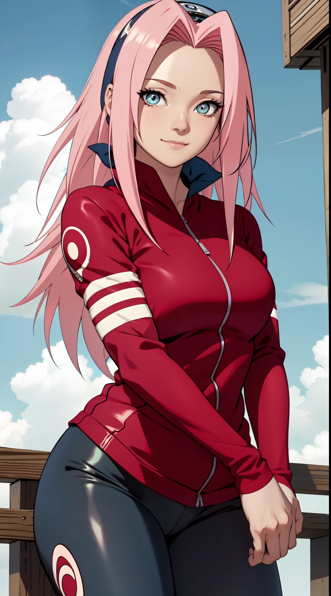 tmasterpiece， Best quality at best， 1girll，Solo， Sakura Haruno， Large breasts，（wallpaper body closeup)，Raised sexy，is shy，with pink hair， long whitr hair， （greene eyes:1.3)， Forehead protection， ssmile， blue-sky， Clouds， Hidden village，Red clothes Zipper half , bike tight pants , show thighs