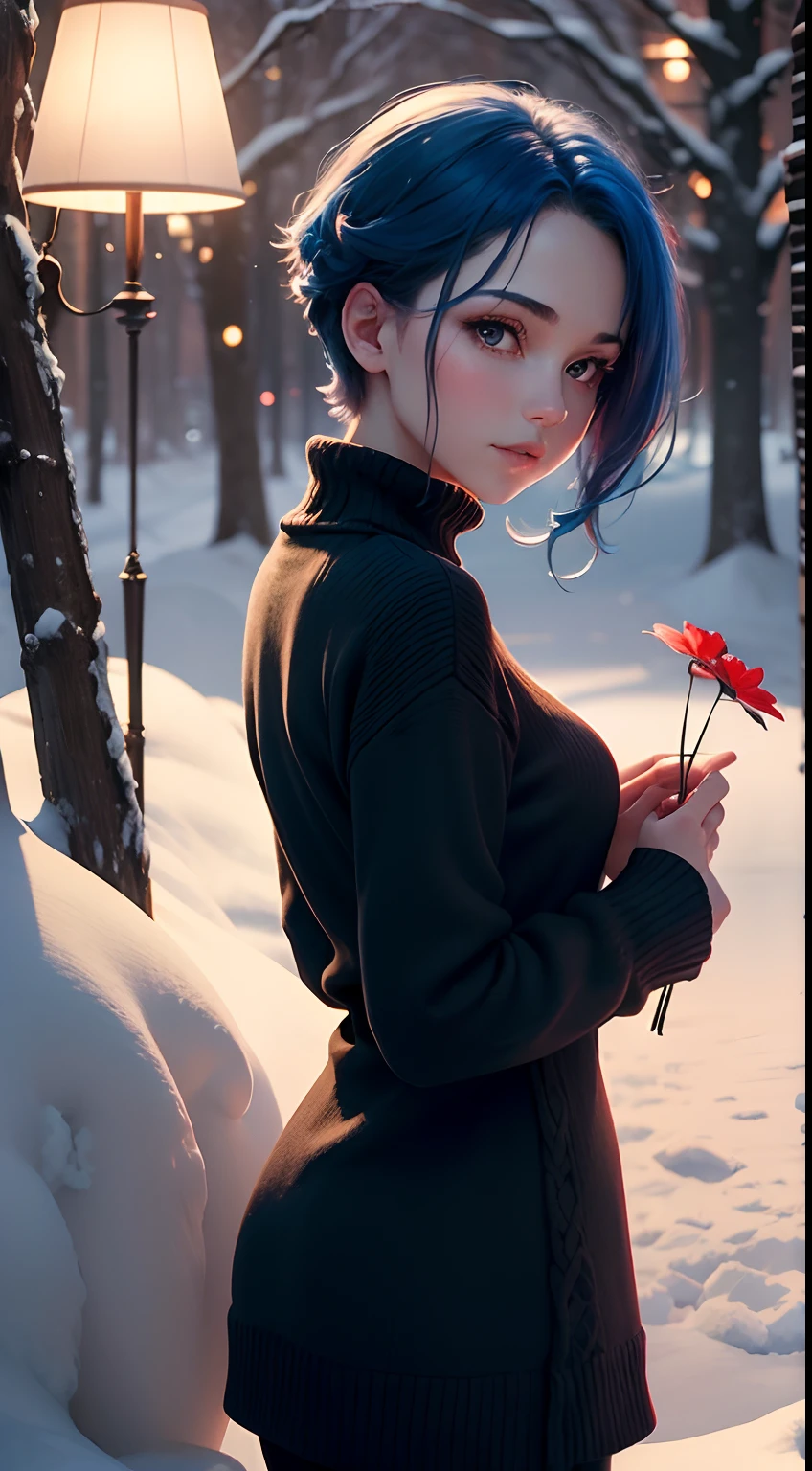 (((masterpiece, gorgeous))), best quality, a girl holding a red flower, holding flower, cute girl ,gorgeous red flower, (blue hair),cute, black sweater, close up,short hair, red eyes, sensual, (glowing eyes), asthetic,style, stylish, happy,innocent, night, lamp, lamp lights
BREAK wallpaper, 4k, dramatic light,gorgeous light,cozy, warm, comfortable, peace, peaceful, cold snow, outside, depth, trees, ice lake, snow flakes,cinematic