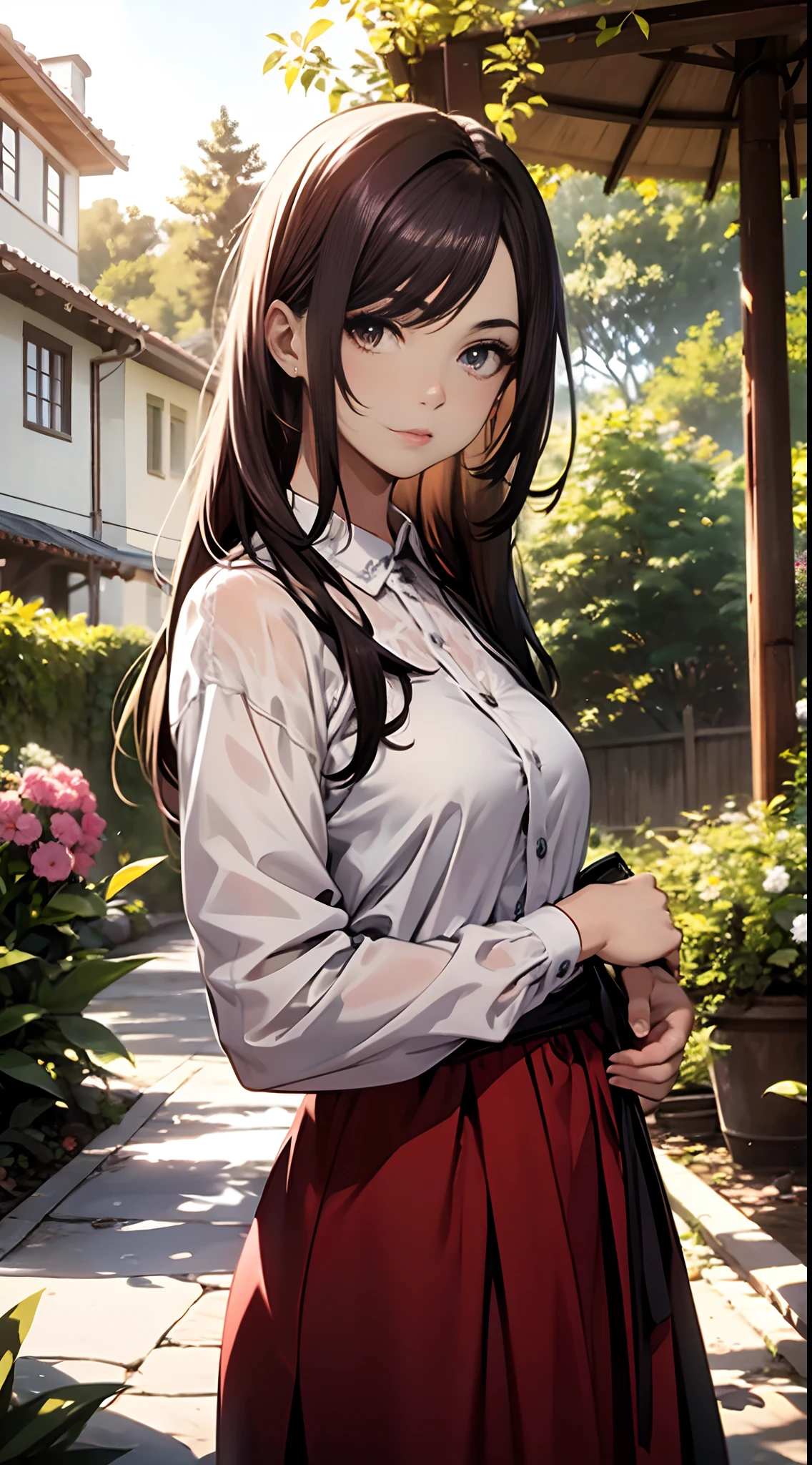 (melhor qualidade, Altas, Realistic),menina ruiva bonito com cara corada,ajoelhado em um jardim florido,adolable, Lovely, encantador,amoroso, peaceful atmosphere,Soft sunlight filtering through the trees,Brisa suave,Flores tenras,para criar uma cena encantadora.[illustration]