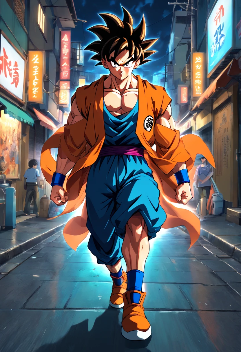 (Realistic,fotorrealista:1.37), design de t-shirt, fundo branco ultra-detalhado,Detailed illustration of Goku(circunstanciado,emocional,Expressivo,feature),com roupas estilo streetwear(fashionable,Urbano,casual),Standing in a narrow alley(sombrio,corajoso,Urbano),criado com sombreamento e texturas detalhadas(linhas detalhadas,textured surfaces),cores vivas com uma mistura de tons vibrantes de arte de rua(grafity,Arte Pop,arte Urbanoa),exalando uma aura de poder(poderoso,Energetic,Dynamic presence). The lighting in the scene should be dramatic and focused, com fortes contrastes entre luz e sombra (dramatic lighting,High contrast lighting). Overall image quality should be of the highest standard (best quality,4k,8k,Altas,master part:1.2), capturando cada detalhe intrincado do rosto de Goku, penteado, garments, and muscular physique(tags adicionais para Goku: cabelo espetado, muscular build, confident expression, Olhos determinados). A atmosfera do beco deve refletir um ambiente Urbanoo e arenoso, with hints of a city skyline in the background.