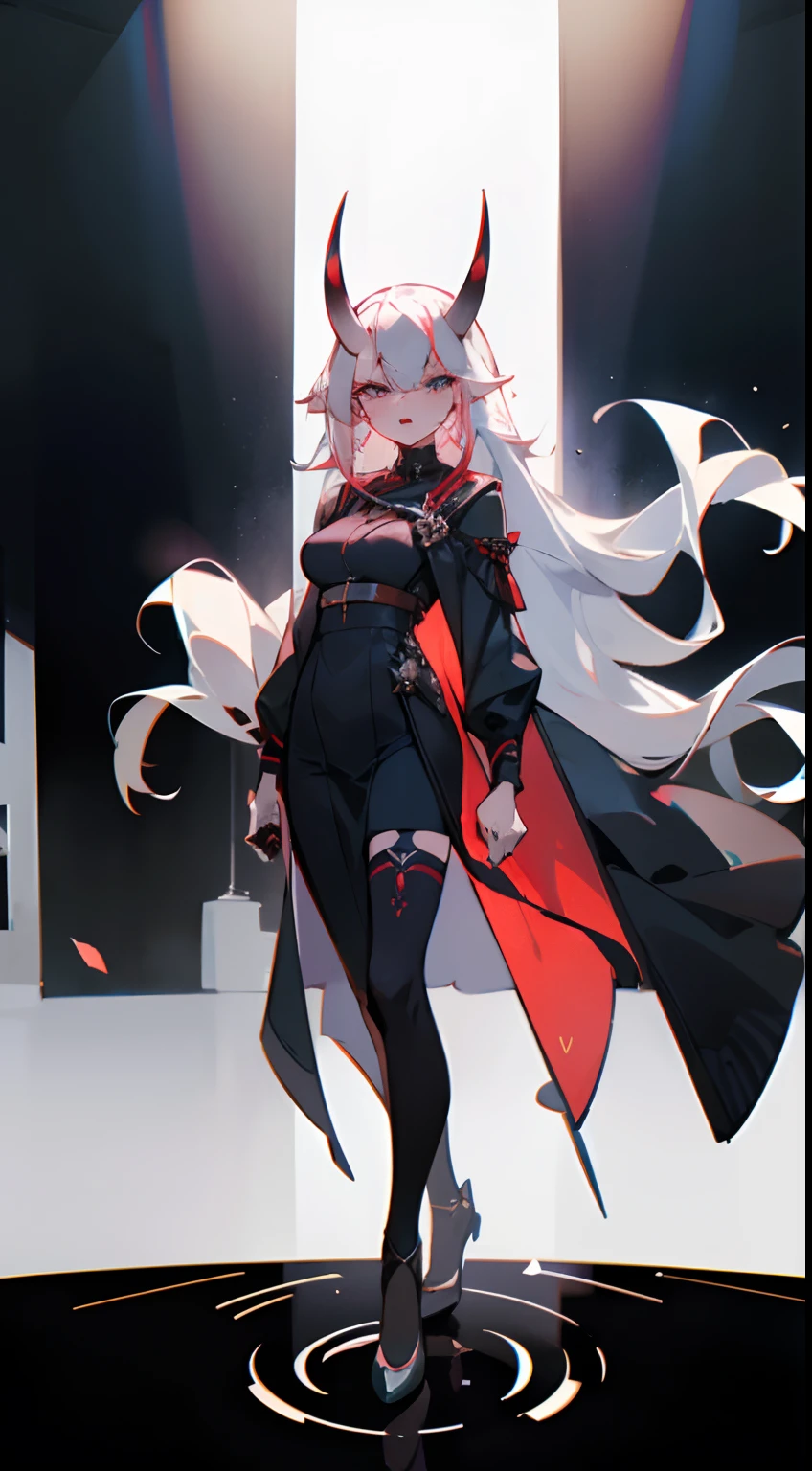 1oni woman adult with 40s,serious face,open mouth(((woman face))),elegant black outfit,white hair,long hair,blue eyes,oni horns,hd,masterpiece,8k,best quality,high quality,standing,full body(((speaking on a stage at a large university)))