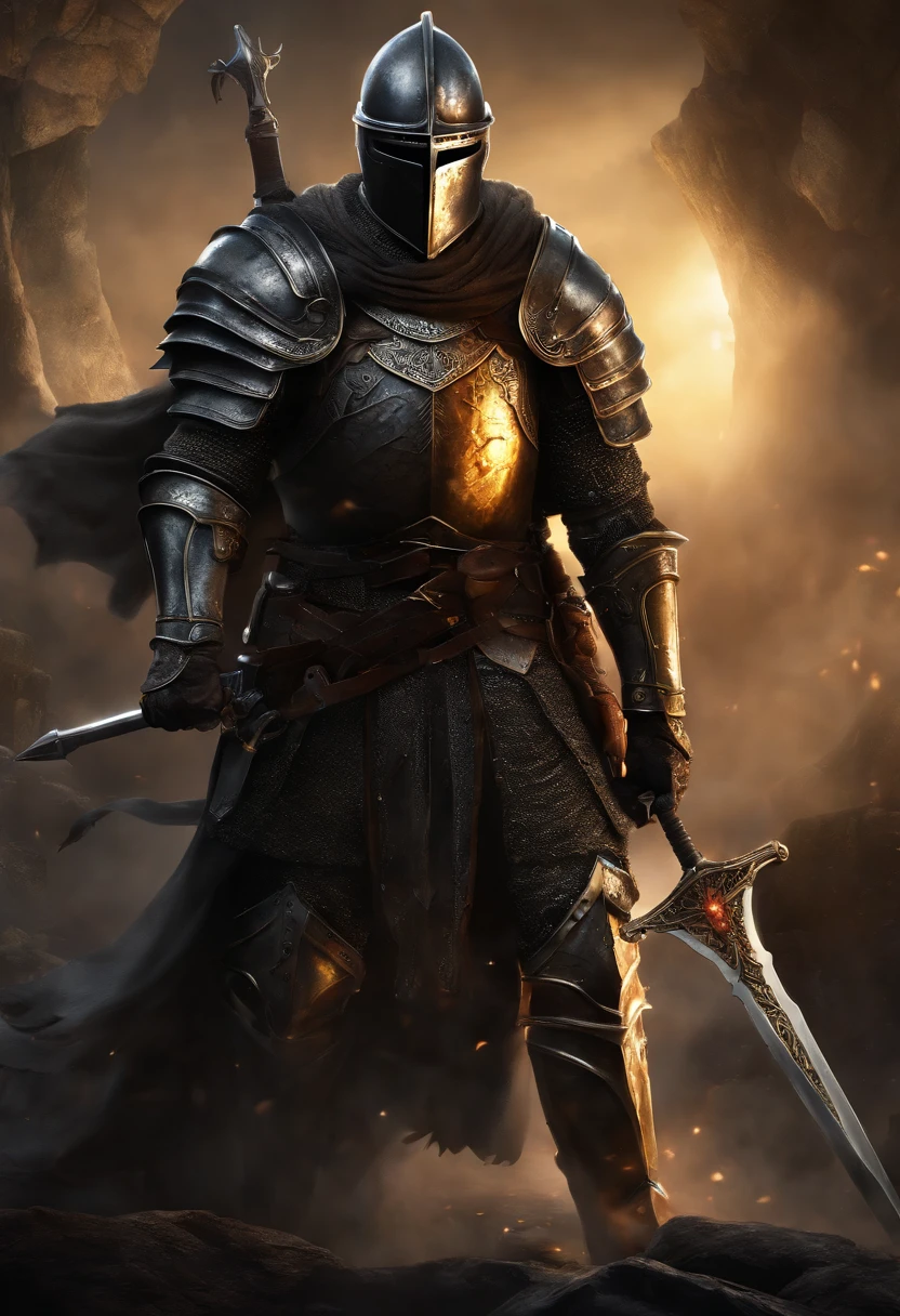 (8k unit wallpaper CG extrem detailliert, Meisterwerk, best quality, Ultra-detailliert), (((nur))), ((Weitwinkel-Schuss:1.5)), (A paladin with a legendary sword), (Thematischer Hintergrund), mittelalterlich, Magnificent scene, Dunkle, unheimliche Umgebung, (dark Souls 3, Illustrator, (Beste Illustration)