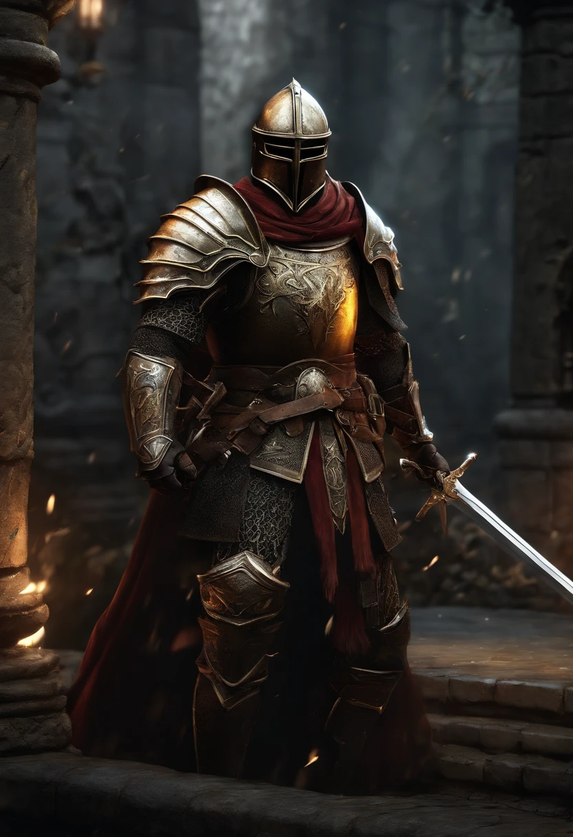 (8k unit wallpaper CG extrem detailliert, Meisterwerk, best quality, Ultra-detailliert), (((nur))), ((Weitwinkel-Schuss:1.5)), (A paladin with a legendary sword), (Thematischer Hintergrund), mittelalterlich, Magnificent scene, Dunkle, unheimliche Umgebung, (dark Souls 3, Illustrator, (Beste Illustration)
