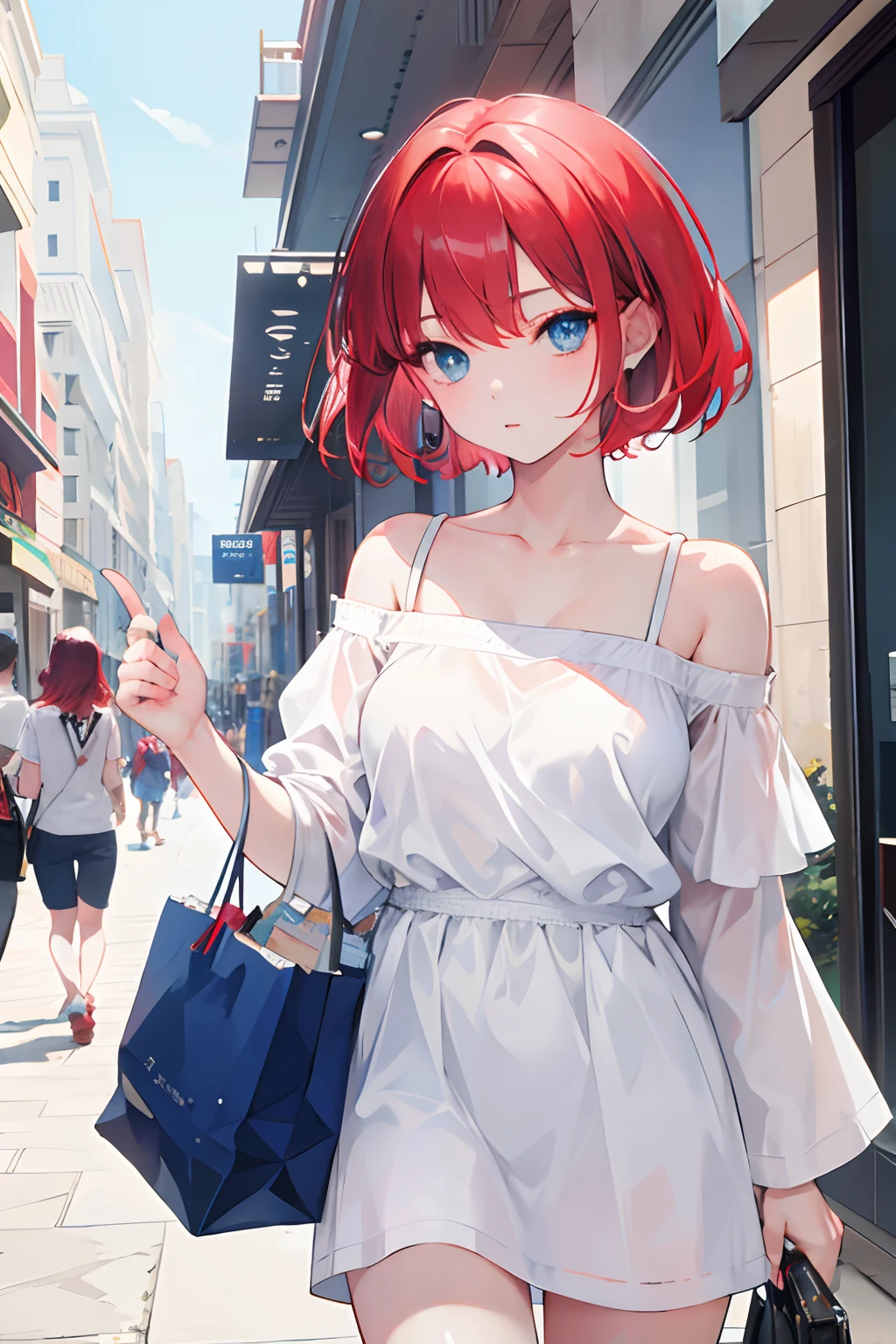 masterpiece,1girl,solo,short hair,red hair,blue eyes,white shirt,off shoulder:1.2, mall,caryying bag