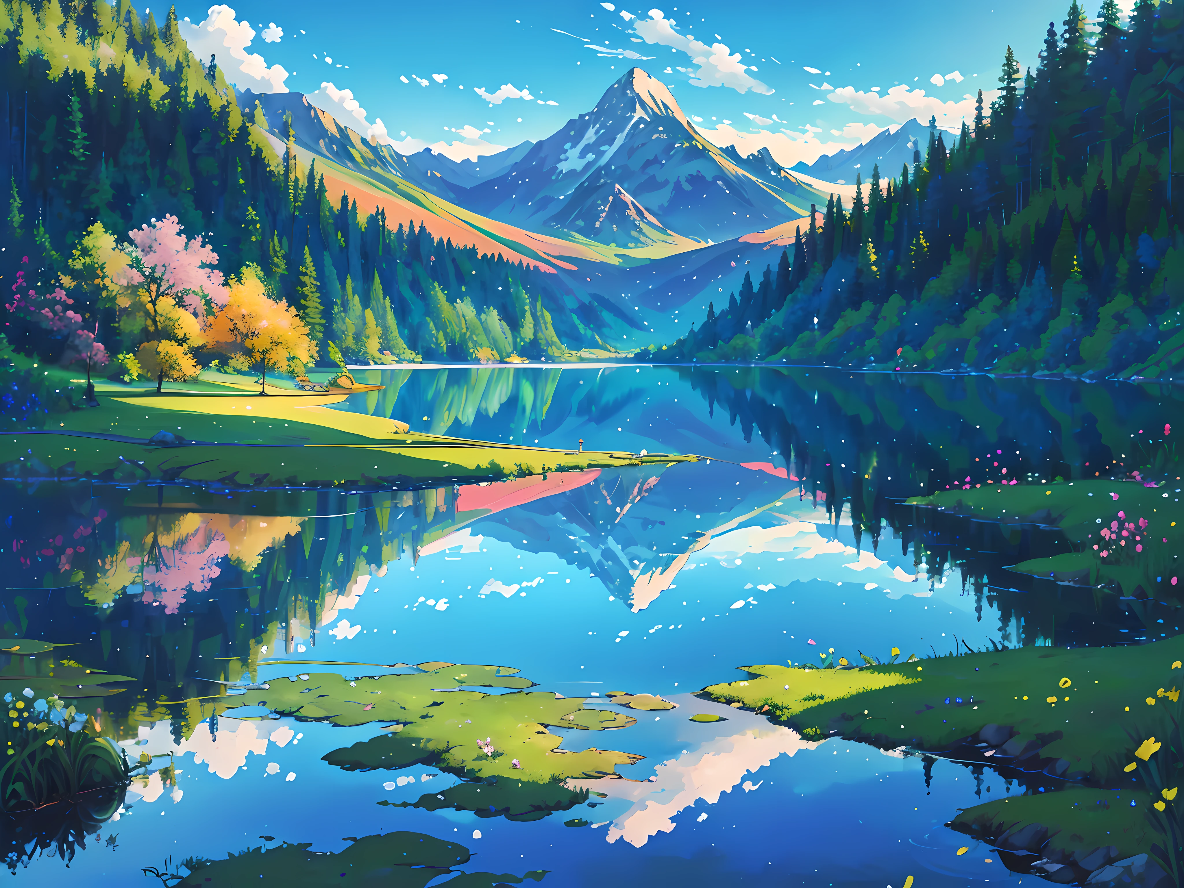 (reflective lake, serene, magnificent landscape), (painting, highres), details of water ripples, lush greenery, vibrant flowers, towering mountains in the background, soft sunlight streaming through the trees, peaceful atmosphere, surreal colors, stunning reflection on the lake