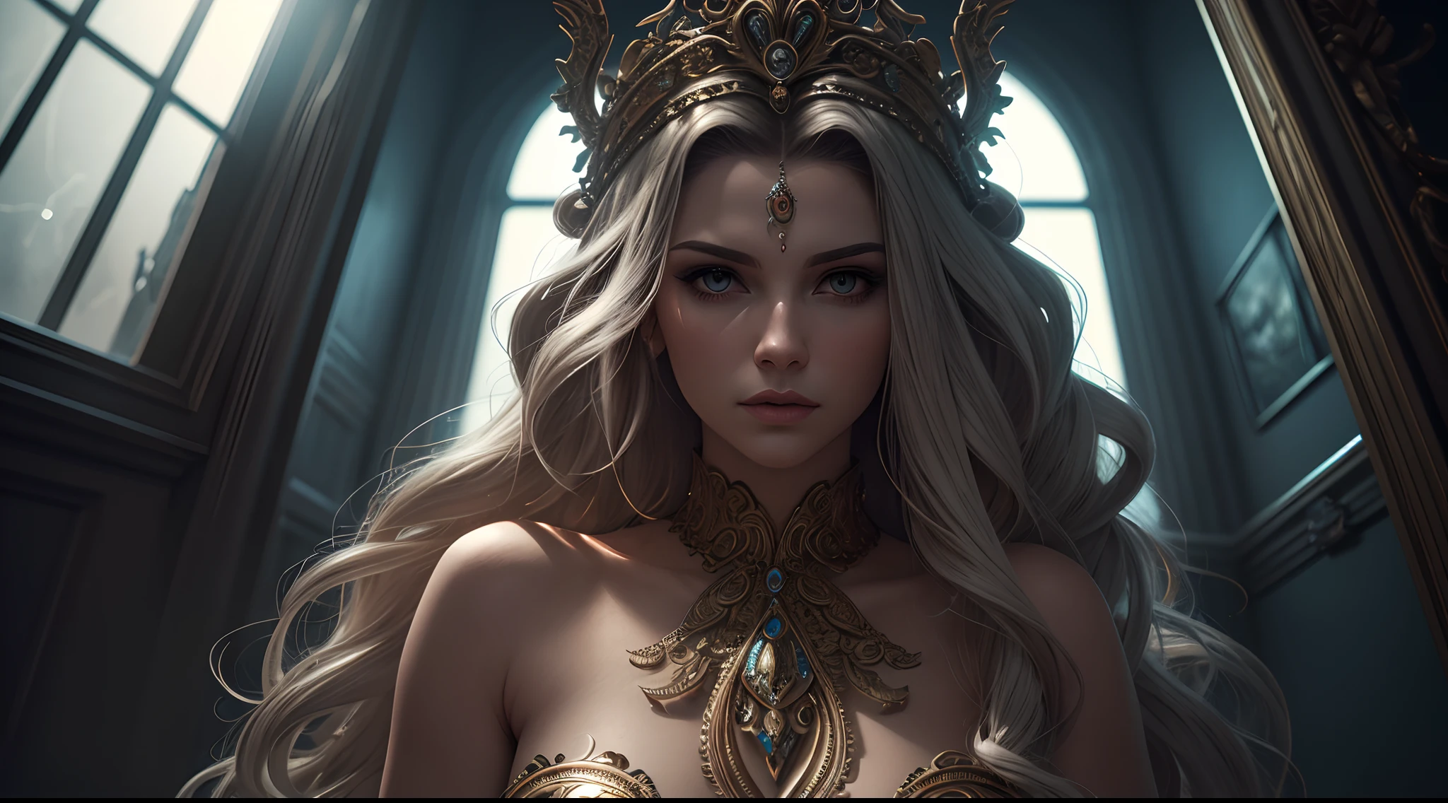Generate a profound dark fantasy concept art artistic masterpiece in stunning detail of the Goddess Medusa with her entire feminine, nude body in full view displaying all her glory in beautiful vivid colouring. Perfectly composed crisp sharp masterfully painted-imagery, ultra-highly detailed, embossed textured, embroidered realistic very defined vibrant features and beautiful noctilucent lighting, incandescent, moody lighting, soft lighting, reflective surfaces, smooth light, cinematic lighting, dramatic lighting, composed in a delicately detailed fashion, majestic, regal, elaborate, finely crafted, highest quality, elegant, filigree details, intricately detailed features, insanely intricately detailed, full HD, micro details, hyper realistic, hyper detailed,  ultra high contrast, unreal engine, UHD, HDR, high octane render –v 5 trending on Artstation, fx, particle effects, 8k resolution, bold, intricate, sharp, crisp.
