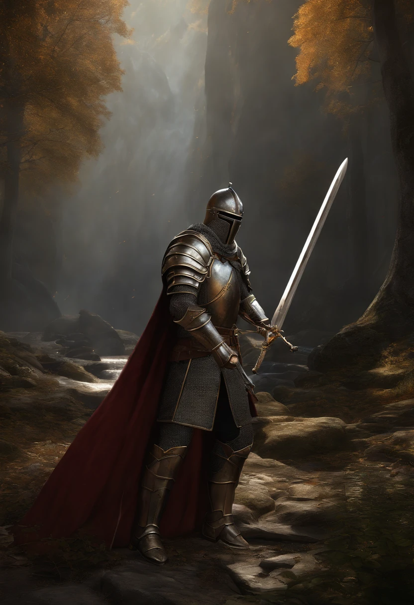 (8k unit wallpaper CG extrem detailliert, Meisterwerk, best quality, Ultra-detailliert), (((nur))), ((Weitwinkel-Schuss:1.5)), (A paladin with a legendary sword), (Thematischer Hintergrund), mittelalterlich, Magnificent scene, Dunkle, unheimliche Umgebung, (dark Souls 3, Illustrator, (Beste Illustration)