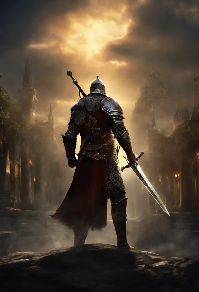 (8k unit wallpaper CG extrem detailliert, Meisterwerk, best quality, Ultra-detailliert), (((nur))), ((Weitwinkel-Schuss:1.5)), (A paladin with a legendary sword), (Thematischer Hintergrund), mittelalterlich, Magnificent scene, Dunkle, unheimliche Umgebung, (dark Souls 3, Illustrator, (Beste Illustration)