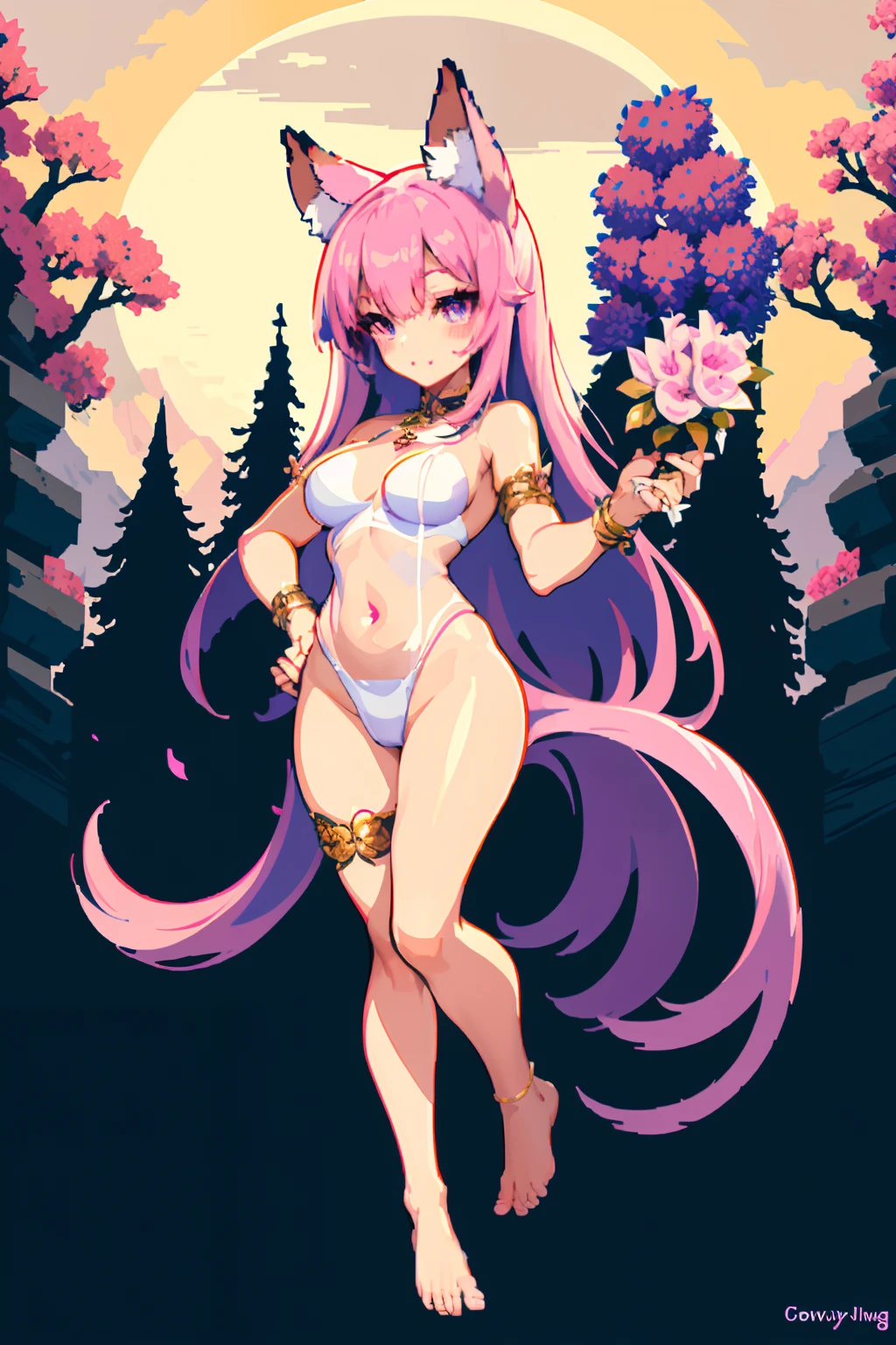 (masterpiece, top quality, best quality), pixel,pixel art,1girl, pink long hair, violet eyes, neko ears, red marks in face, sfw, full body,