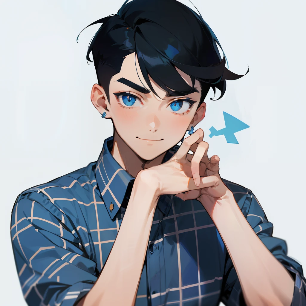 Single man, light blue eyes, black hair, short bangs, undercut, middle parted bangs, male-centered, hanging eyebrows, sagging eyes, light blue and blue checked shirt, plaid pattern, beautiful hands, fingers, simple earrings, young, simple background, adjusting the shape of the hand, smiling, whiskey, drunk