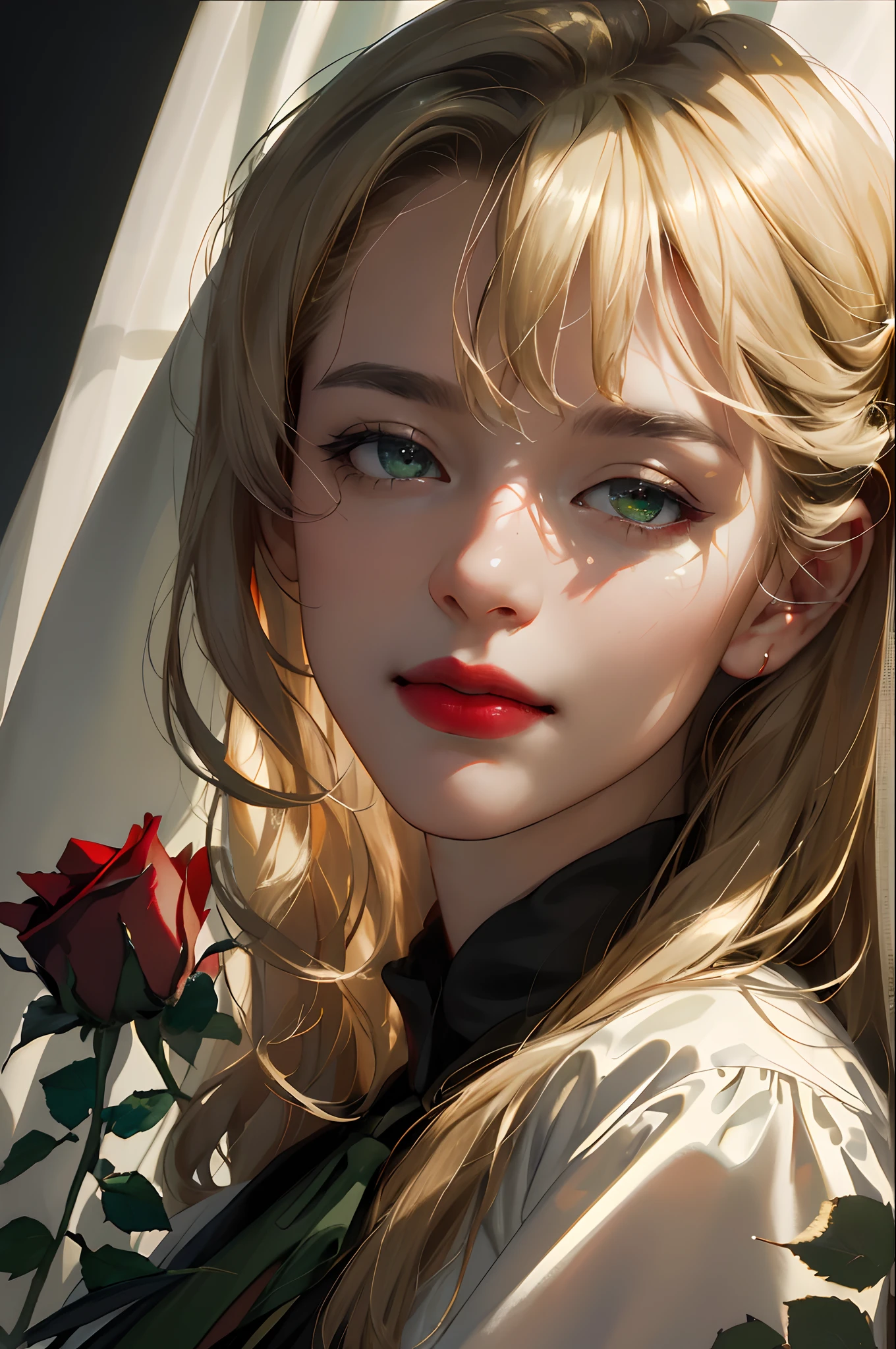 (masterpiece, best quality, high resolution:1.4),(Raw photography, top-quality, masterpiece, extremely delicate and beautiful, ighly detailed, nffsw, Unity, 8K Picture Wallpaper, amazingly detail, detaile, masterpiece, top-quality, Official art, Highly detailed ticker Unity 8k wallpaper, ultra-detailliert, hight resolution, ighly detailed, Clair, Focus), (top-quality), (realisitic, Photorealsitic:1.5), (8K, Soft lighting, hightquality, lighting like a movie), (1girl), pretty, beautiful, (noble), elegant, skin pores texture, HD , Photography, movie, cinematic, portrait, Realistic, (8k, RAW photo, best quality, masterpiece:1.2), (realistic, photo-realistic:1.33), best quality, (detailed eyes: light golden), (light golden-colored pupils), (white shirt), (green and silver striped tie), (dark hair), (French twist), (curtain bangs), (two toned hair: dark and gold), (16 years old), (young), portrait, smile, (background: red rose garden), bust up, detailed and realistic portrait of a girl, (fragile), (night light), (British), (pale), (Caucasian), (innocent), (red lips), (black cloak with a deep green lining), ((red roses)), (look at the camera)