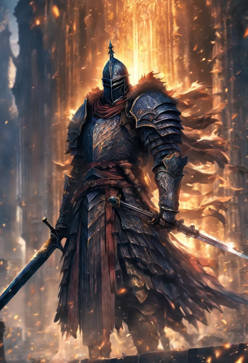 (8k unit wallpaper CG extrem detailliert, Meisterwerk, best quality, Ultra-detailliert), (((nur))), ((Weitwinkel-Schuss:1.5)), (A paladin with a legendary sword), (Thematischer Hintergrund), mittelalterlich, Magnificent scene, Dunkle, unheimliche Umgebung, (dark Souls 3, Illustrator, (Beste Illustration)