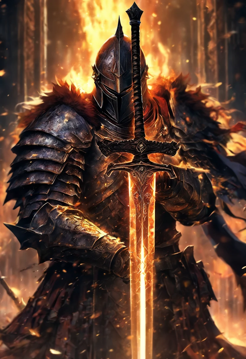 (8k unit wallpaper CG extrem detailliert, Meisterwerk, best quality, Ultra-detailliert), (((nur))), ((Weitwinkel-Schuss:1.5)), (A paladin with a legendary sword), (Thematischer Hintergrund), mittelalterlich, Magnificent scene, Dunkle, unheimliche Umgebung, (dark Souls 3, Illustrator, (Beste Illustration)