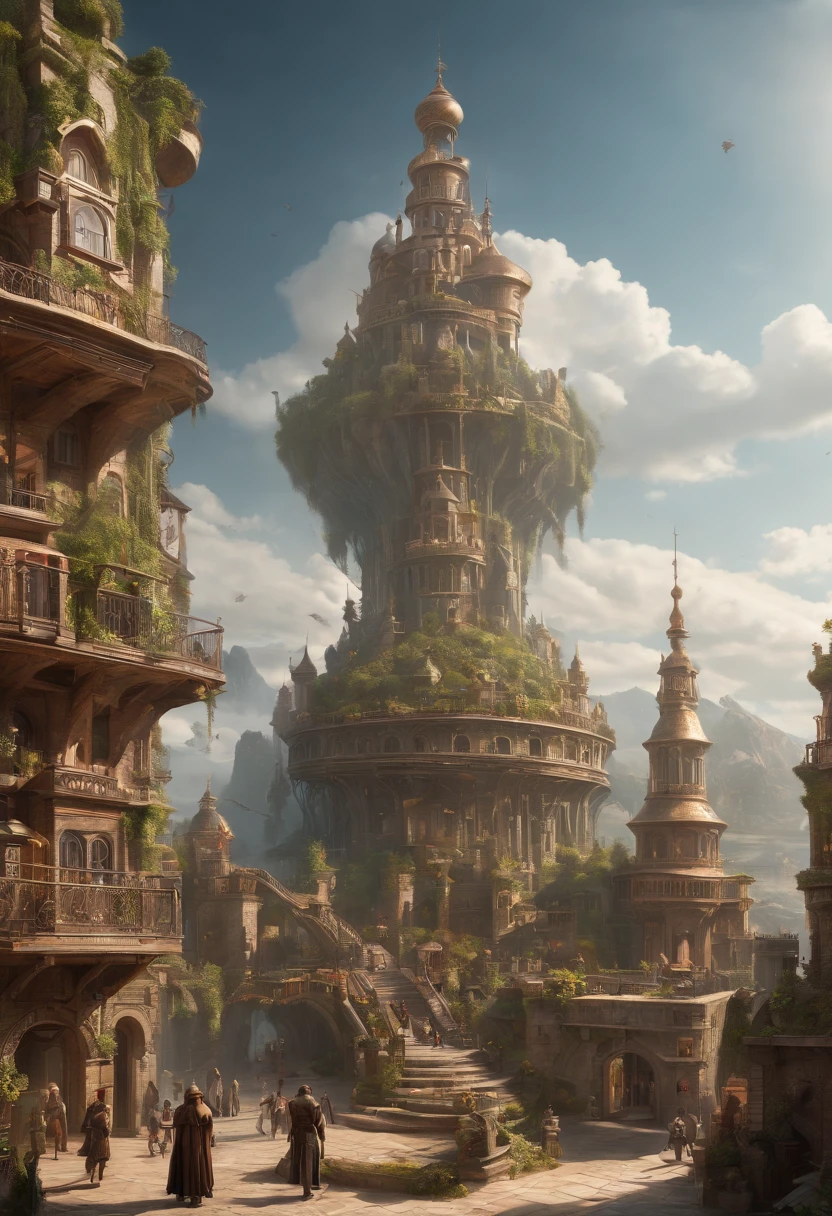 Fantasy Art, ultra wide-shot, Painting, Detailed , deviantart, contest winner, Concept art, , tim hildebrandt, Fantasy, ((((Steampunk City)))) , , Day time , , fantastic realism, art  stations ,, Style of Adrianus Eversen ,Not aesthetic architecture, Movie Still,Greg Rutkowski, Creates a landscape reminiscent of an Inception movie, A place where reality becomes a labyrinth of changing architecture and gravity-defying landscapes. Embrace the surreal and mind-bending nature of the concept, Create a scene that challenges perception. Using intricate details and dynamic design、Immerse the viewer in a world where the laws of physics are rewritten. Depicts the sense of awe and disorientation evoked by the Inception film. Minced meat, English, Japanese architecture