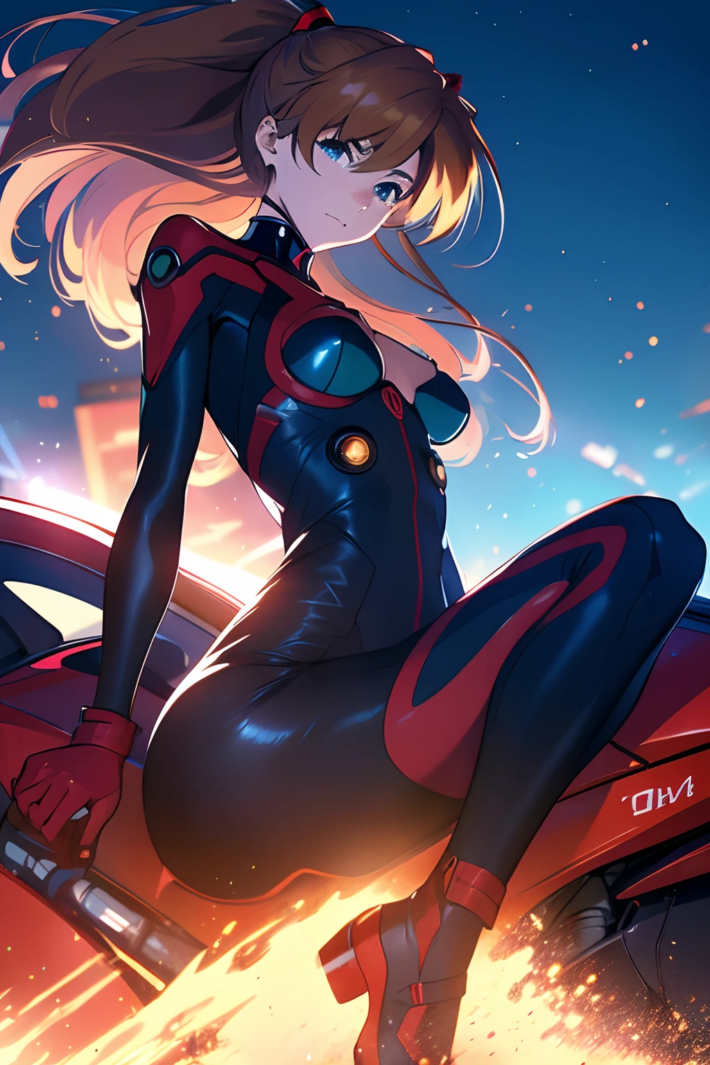 star-filled sky above the city, (Best quality,4K,8k,high resolucion,Masterpiece:1.2),Ultra-detailed,(Realstic,photoreallistic,photo-realistic:1.37) Asuka in a very dark city , on a motocycle , Beaucoup de contraste , Moto moderne , Contraste noir et rouge , Nuit profonde , ciel noir profond , drop shadow, silhouette , Asuka , Plugsuit rouge et noir , beaucoup de mouvement , ,Immeubles de grande hauteur dominant, Conception de motocyclettes, urban landscape stretching as far as the eye can see,Fresh and mysterious atmosphere,Emit a sense of adventure and exploration,Energy and excitement in the air, black motorcycle , riding