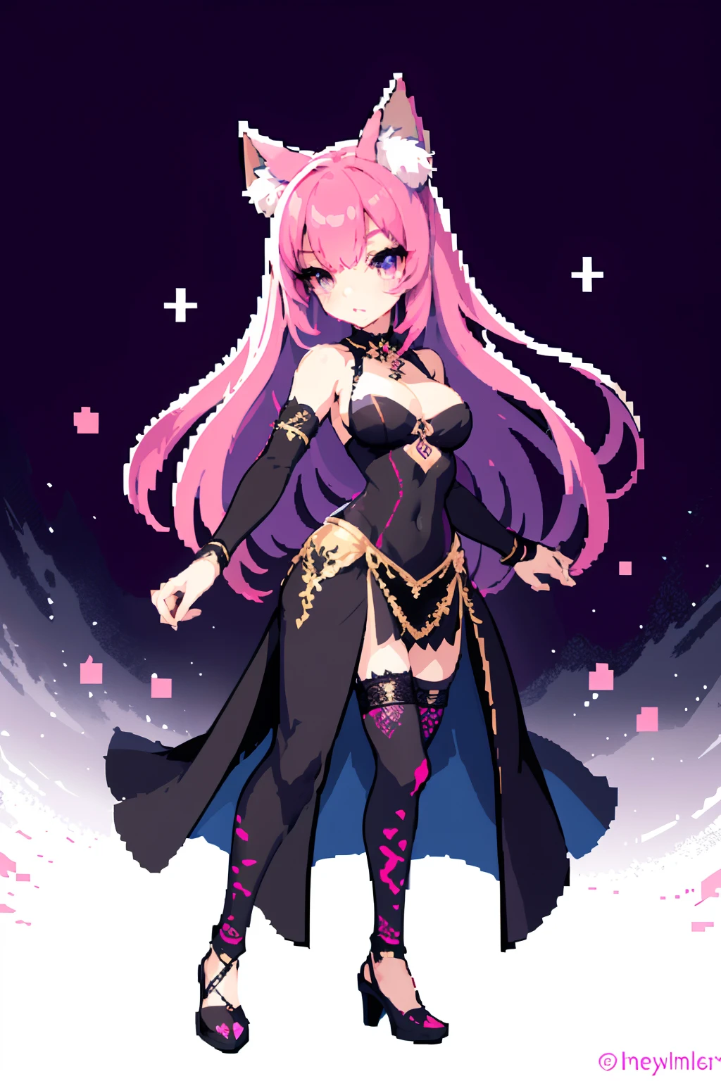 (masterpiece, top quality, best quality), pixel,pixel art,1girl, pink long hair, violet eyes, neko ears, red marks in face, sfw, Gothic clothing, black clothes with ornaments, full body,