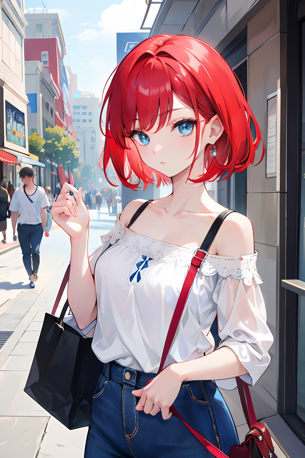 masterpiece,1girl,solo,short hair,red hair,blue eyes,white shirt,off shoulder:1.2, mall,caryying bag