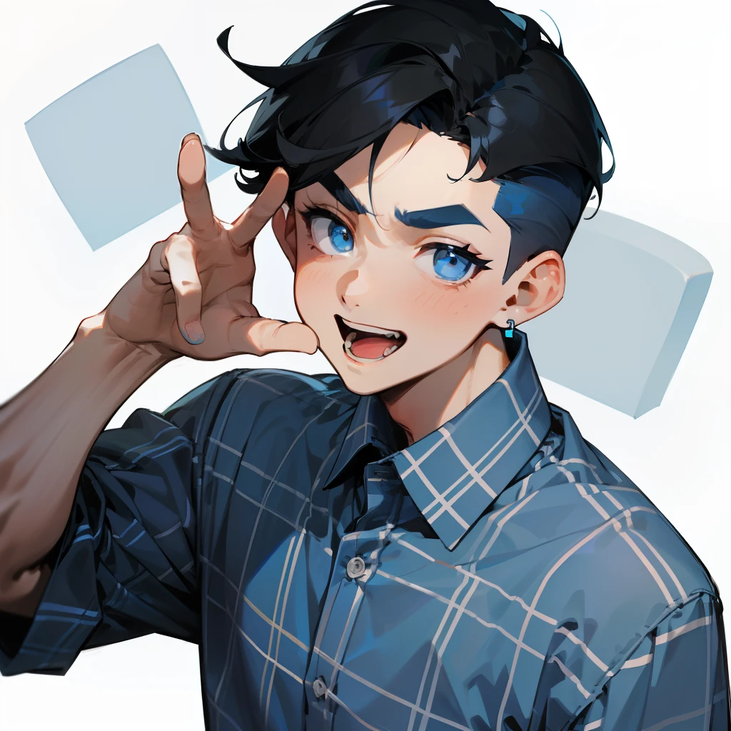 Single male, Light blue eyes, Black hair, short bangs, Undercut, middle parted bangs, male-centered, Hanging eyebrows, Saggy Eyes, Light blue and blue checked shirt, Plaid, Beautiful hands, Fingers, simple earrings, 年轻, Simple background, Adjust the shape of the hand, Opens mouth and laughs