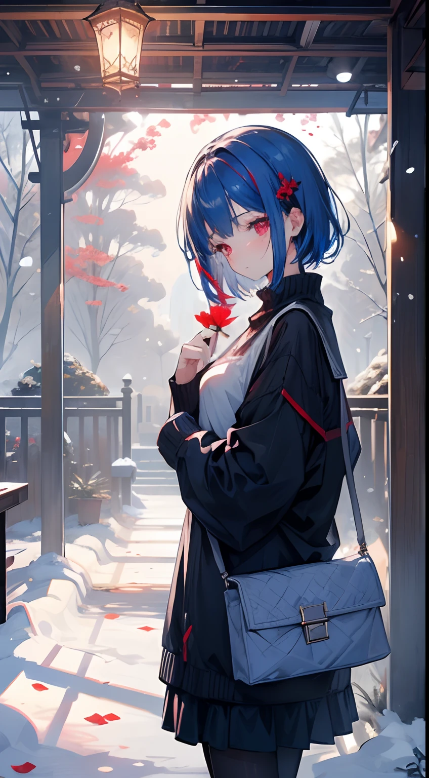 (((masterpiece, gorgeous))), best quality, a girl holding a red flower, holding flower, cute girl ,gorgeous red flower, (blue hair),cute, black sweater, close up,short hair, red eyes, sensual, (glowing eyes), asthetic,style, stylish, happy,innocent, night, lamp, lamp lights
BREAK wallpaper, 4k, dramatic light,gorgeous light,cozy, warm, comfortable, peace, peaceful, cold snow, outside, depth, trees, ice lake, snow flakes,cinematic