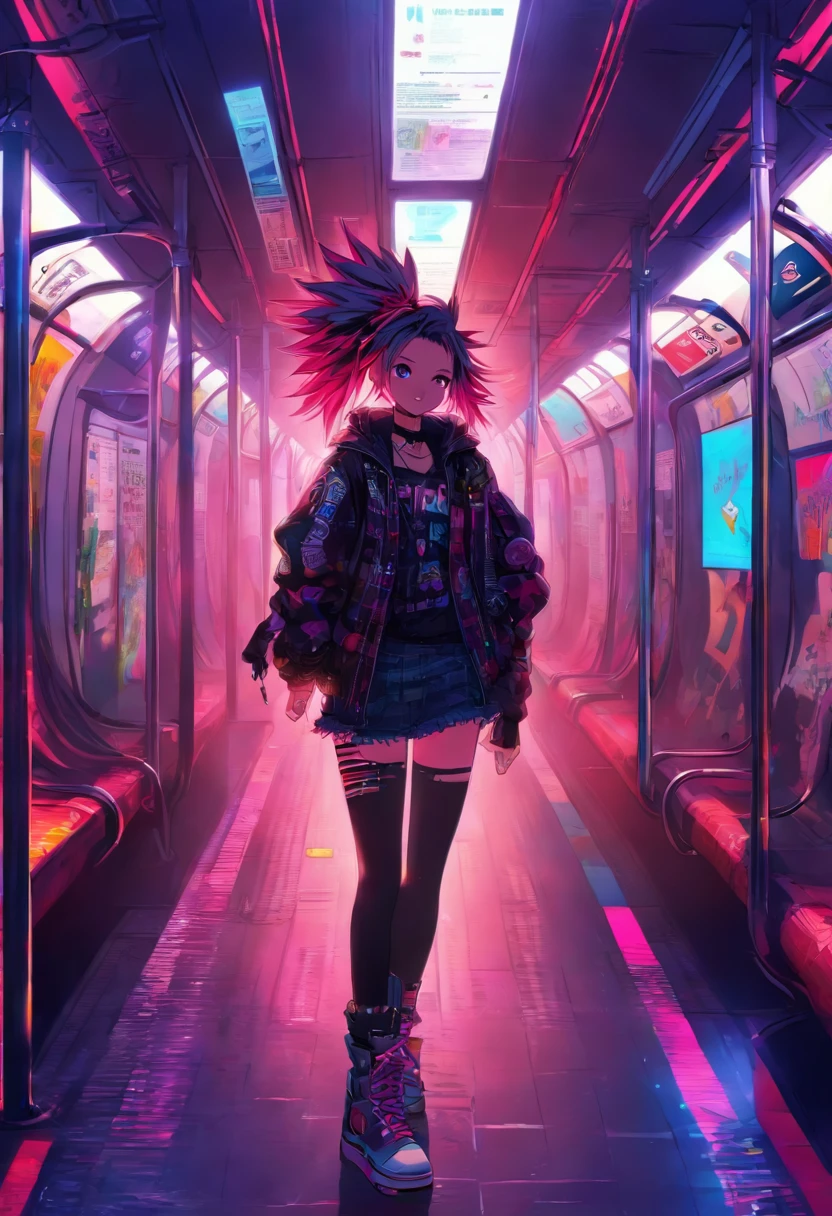 full-body, cheerful, a girl with a punk style, London underground, 720p, neon