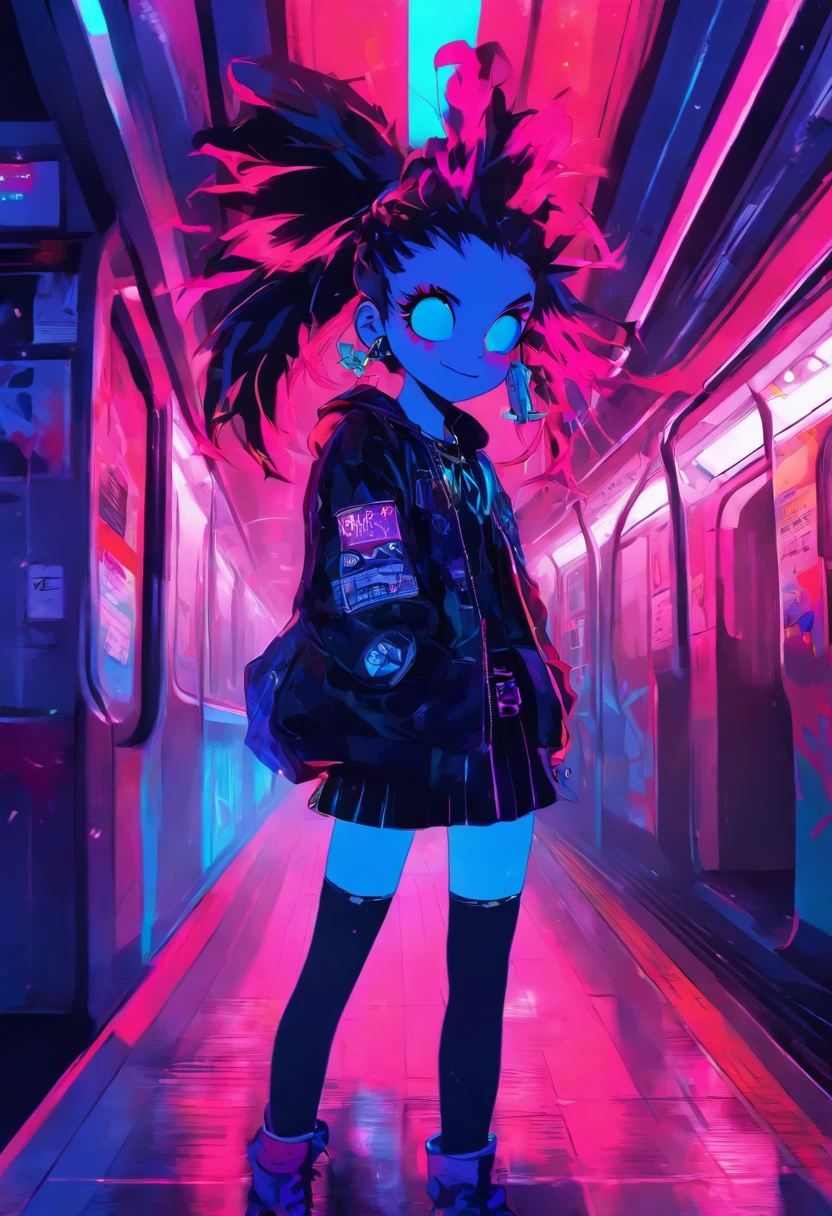 full-body, cheerful, a girl with a punk style, London underground, 720p, neon
