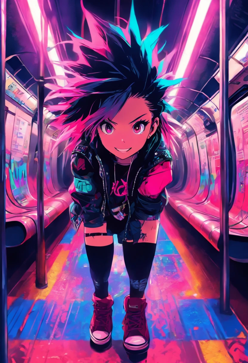 full-body, cheerful, a girl with a punk style, London underground, 720p, neon