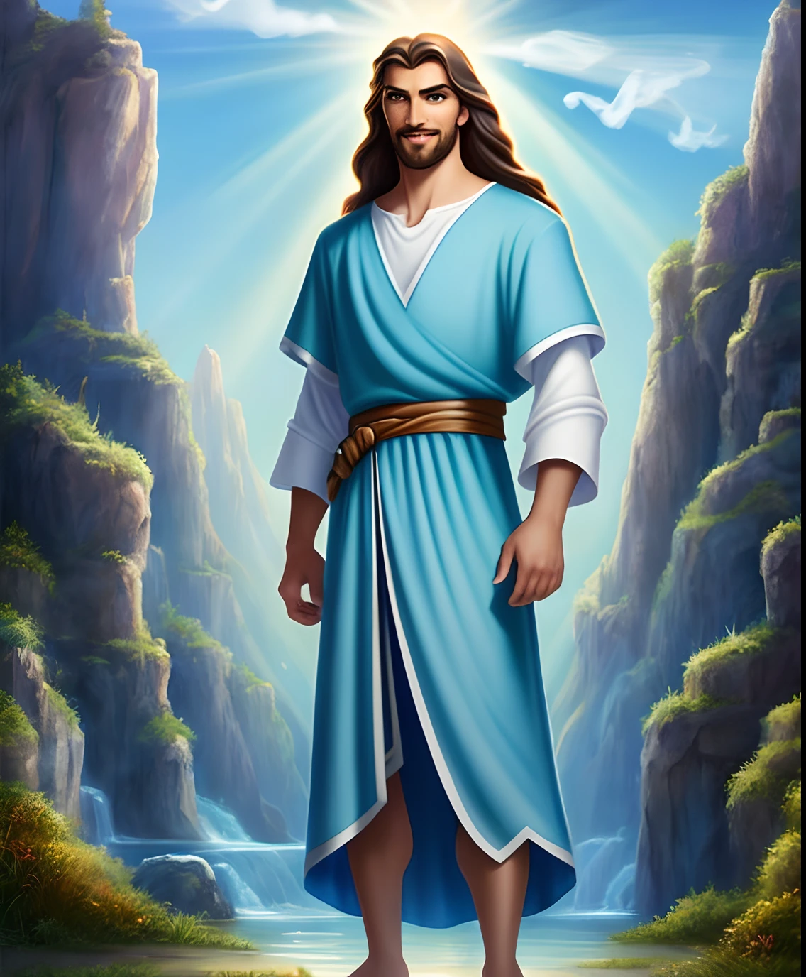 Original art quality, full body picture, Disney character animation style, young and handsome Jesus God, standing posture, hands naturally placed on both sides, looking ahead, gentle expression and smiling, eyes full of light, background light blue, translucent, with light as the theme, the focus of light is on the characters, the overall picture is fresh and bright.