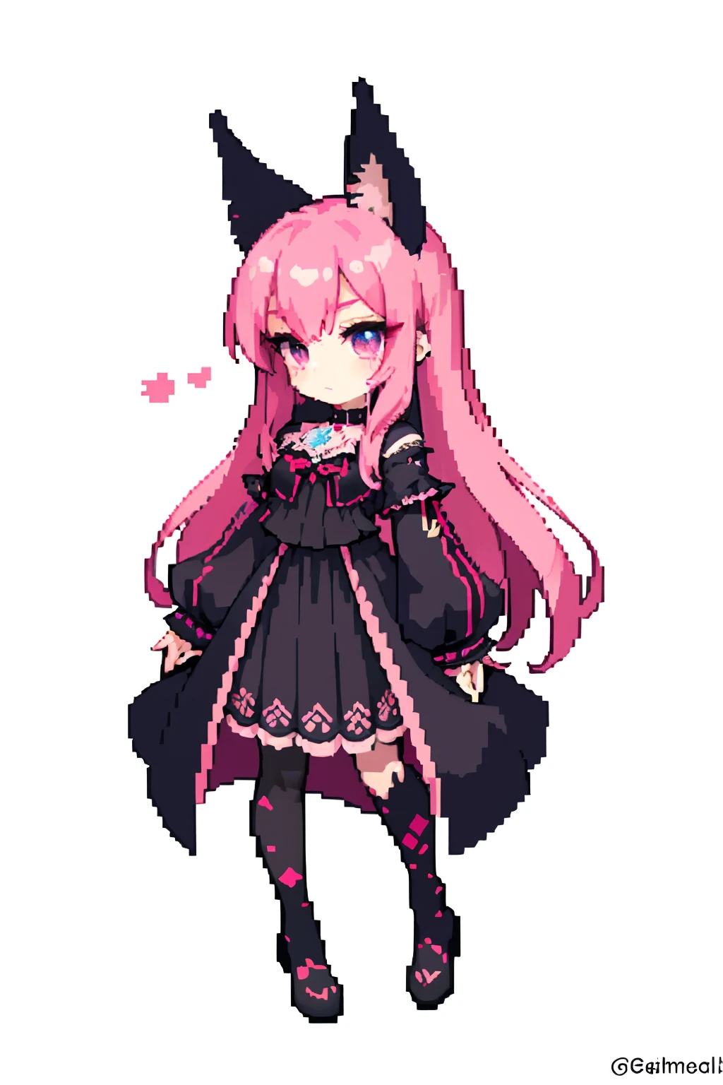 (masterpiece, top quality, best quality), pixel,pixel art,1girl, pink long hair, violet eyes, neko ears, red marks in face, sfw, Gothic clothing, black clothes with ornaments, full body,