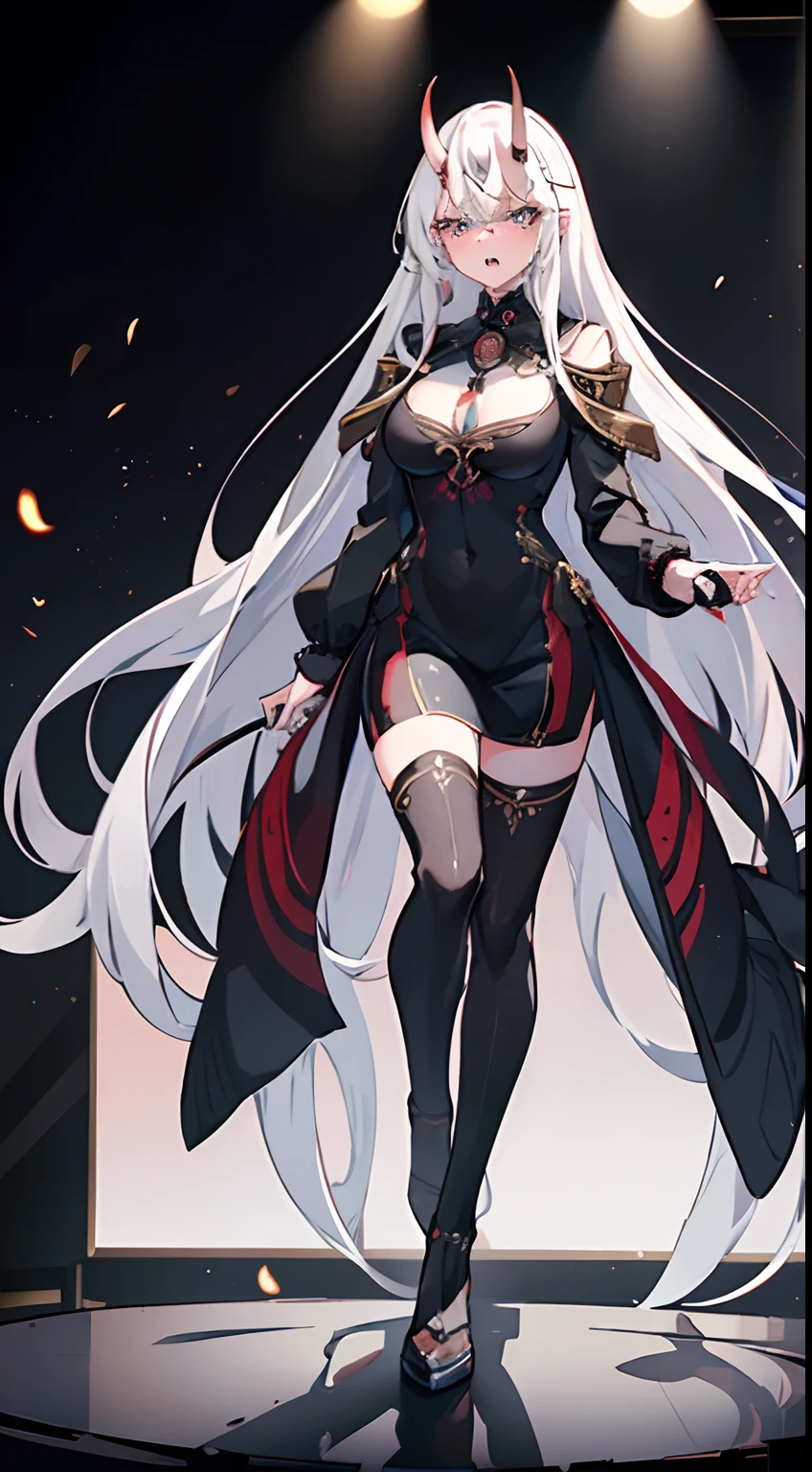 1oni woman adult with 40s,serious face,open mouth(((woman face))),elegant black outfit,white hair,long hair,blue eyes,oni horns,hd,masterpiece,8k,best quality,high quality,standing,full body,detailed face(((speaking on a stage at a large university)))