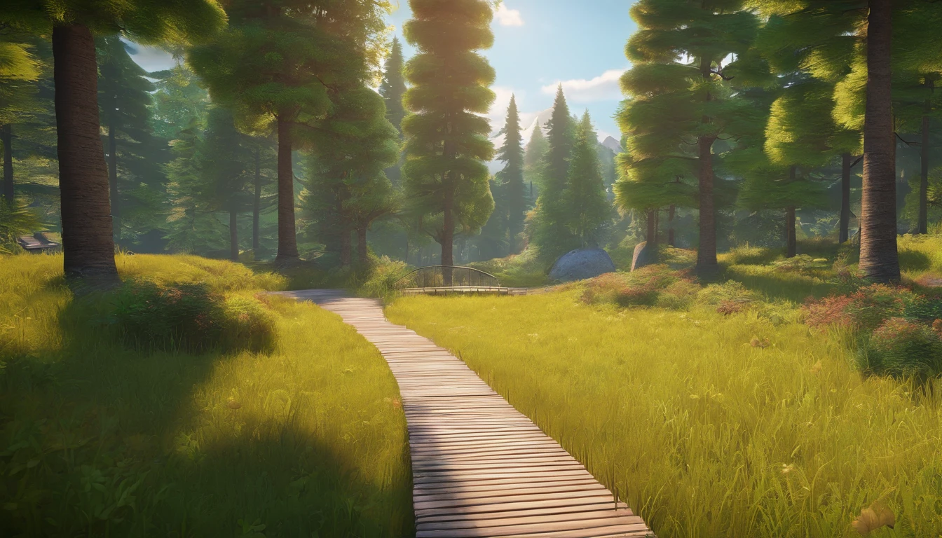 Forest with tall trees a grassy pathway a small stream flowing with a foot bridge