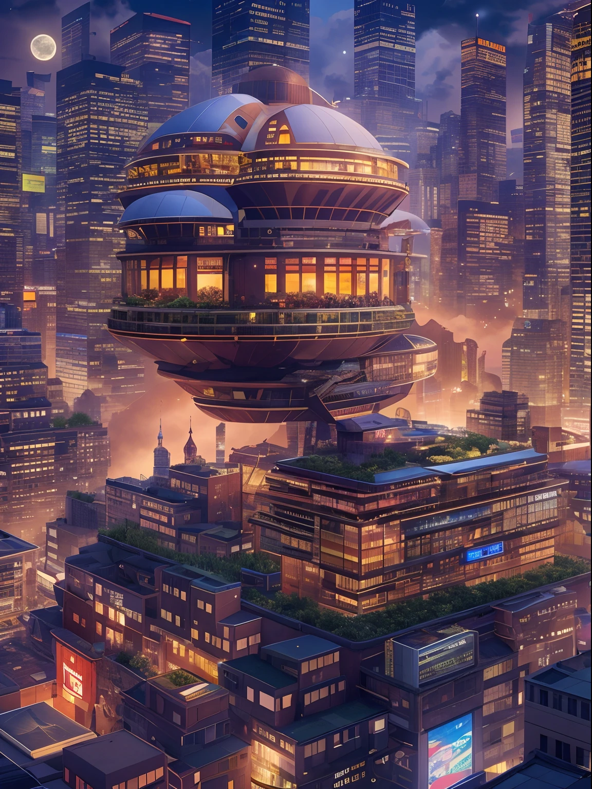 Very large flying ship、Lots of clouds,Beautiful fog,starrysky、Moon,Chaotic city of the future、Movie dystopia、A group of very tall skyscrapers stands in the center、Very complex cityscape,Crowded Chinese skyscrapers、street signs、streetlights、taxis、buses、Train、Pretty dim lighting、Dark road、puddles、Chaotic、Beautiful and fantastic scenery、Cinematic scenery、hightquality、masutepiece,in 8K、hight resolution、