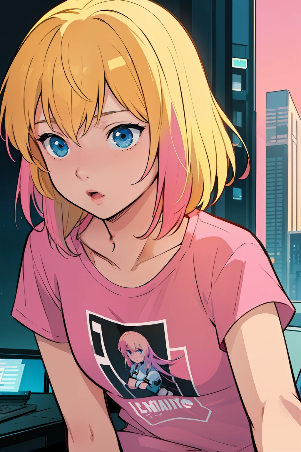 solo, 1girl, (masterpiece), ((16 year old appearance)), Blonde hair, Medium hair, blue eyes, anime girl, small breasts, pink t-shirt, cyberpunk city background