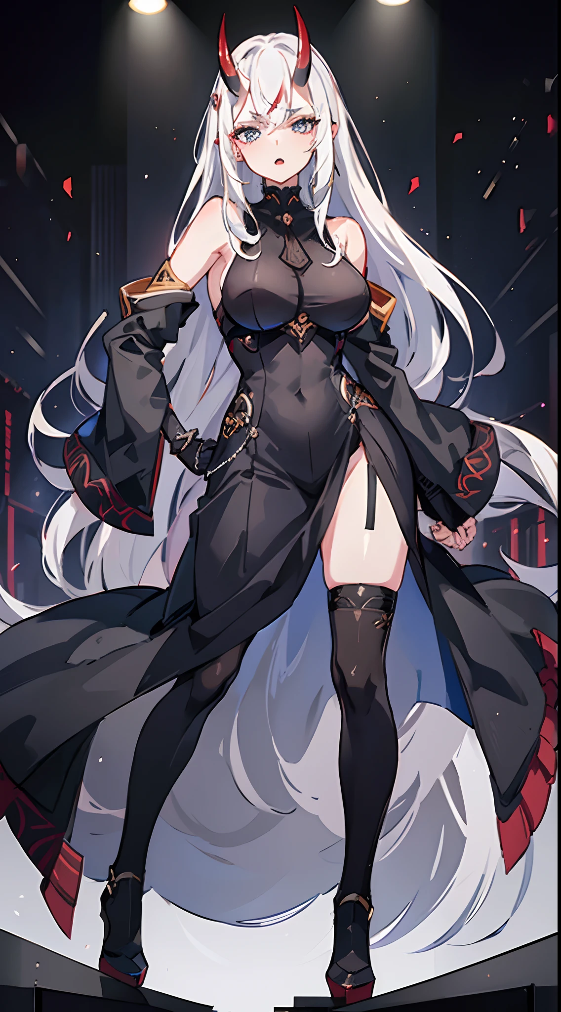 1oni woman adult with 40s,serious face,open mouth(((woman face))),elegant black outfit,white hair,long hair,blue eyes,oni horns,hd,masterpiece,8k,best quality,high quality,standing,full body,detailed face(((speaking on a stage at a large university)))