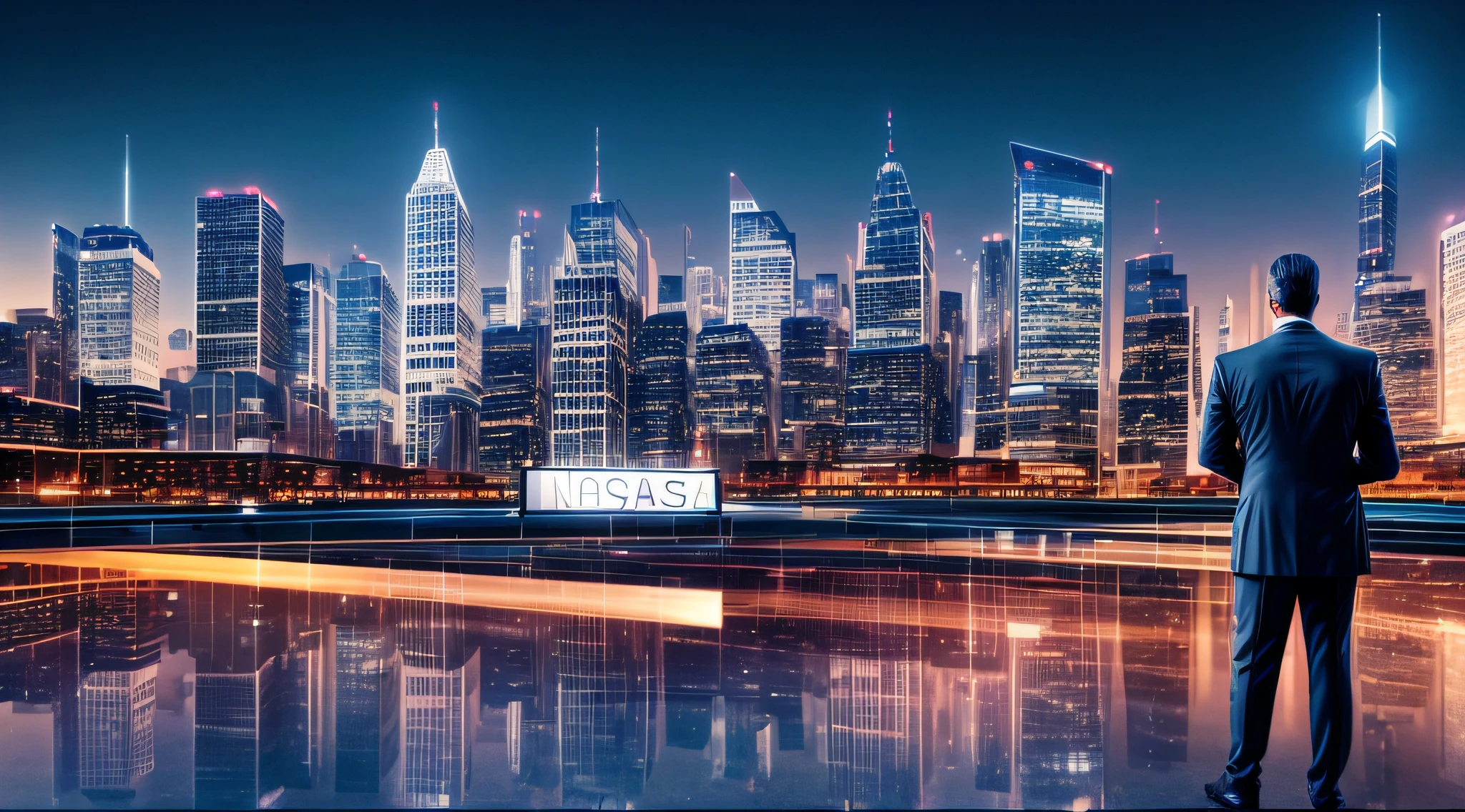 a businessman in a suit holding a written sign "NASDAQ", Background with buildings, cinematic lighthing, ultra realista, 8k, cinematic, photo