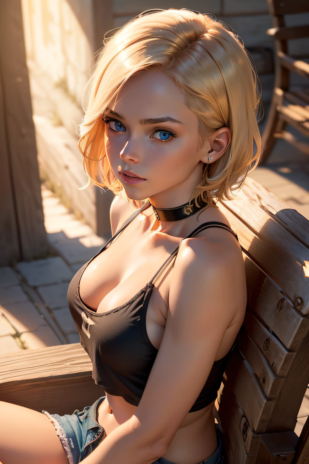 (a detailed portrait RAW photo of a gorgeous beautiful ((Finnish)) 23 years old blue eyed blonde girl sitting at a bench, leaning forward, SHORT hair, small boobs, black tank-top, loose pants, realistic, solo, front view, POV, looking in camera, (masterpiece),(photorealistic:1.3), ultra-detailed, (high detailed skin:1.2),(best quality:1.0), (ultra highres:1.0),(by samdoesart, by Antonio J. Manzanedo), fit, back light, GOLDEN HOUR, petite, choker, slim, choker, beautiful