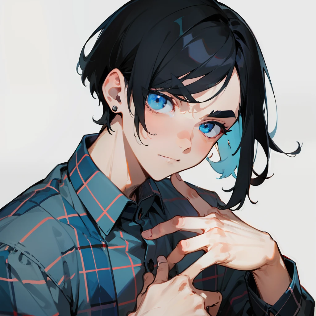 Single male, Light blue eyes, Black hair, short bangs, middle parted bangs, male-centered, Hanging eyebrows, Saggy eyes, Light blue and blue checked shirt, Plaid, Beautiful hands, Fingers, simple earrings, 年轻,  Adjust the shape of the hand,Lots of whiskey、drunk