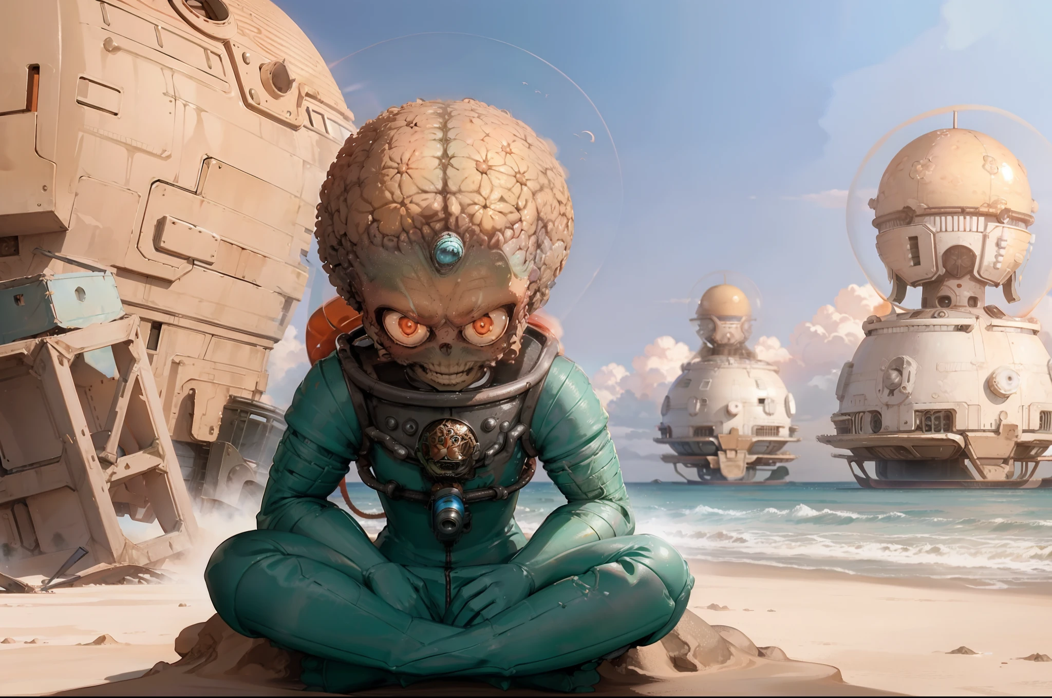 A Martian of Mars attacks in an isolated planet, sitting on the sand looking at the sea, behind him a crushed flying saucer semi covered by sand, sunny day, sky with some pastel clouds.