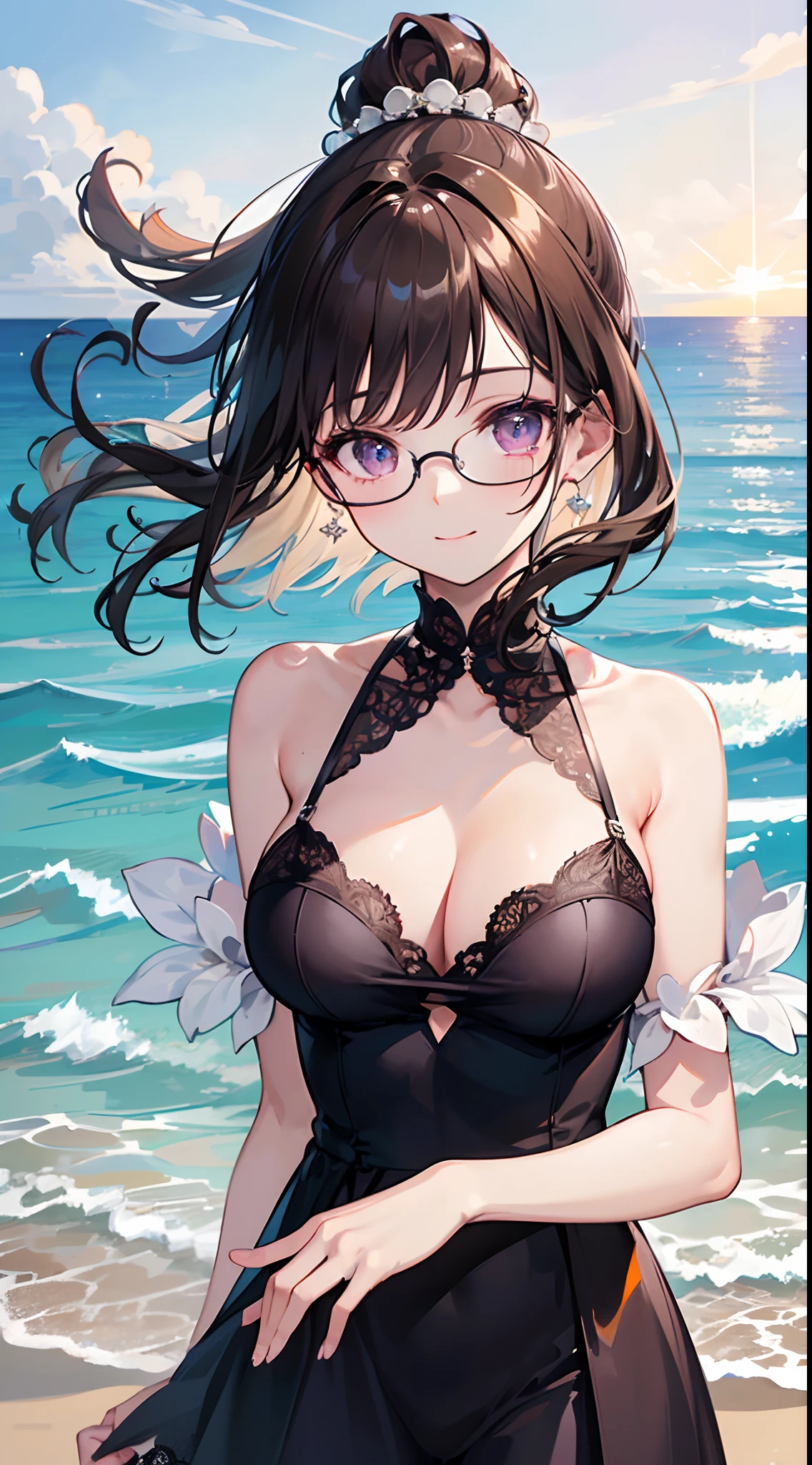 ((masterpiece)), ((best quality)), (ultra-detailed), ((kawaii)), cute, (lovely), ((extremely detailed)), 4K, (8K), best quality, (beautiful), anime style, upper body, focus on the face, ocean, seaside, beautiful sky, morning, a cute girl, 1girl, solo, one-piece dress, beautiful dark brown hair, beautiful purple eyes, ((beautiful eyes with highlights )), white-skinned, ponytail, transparent hair, translucent hair, large breast, garter belt, glasses, light smile, sparkling effect, wind effect, reflection effect