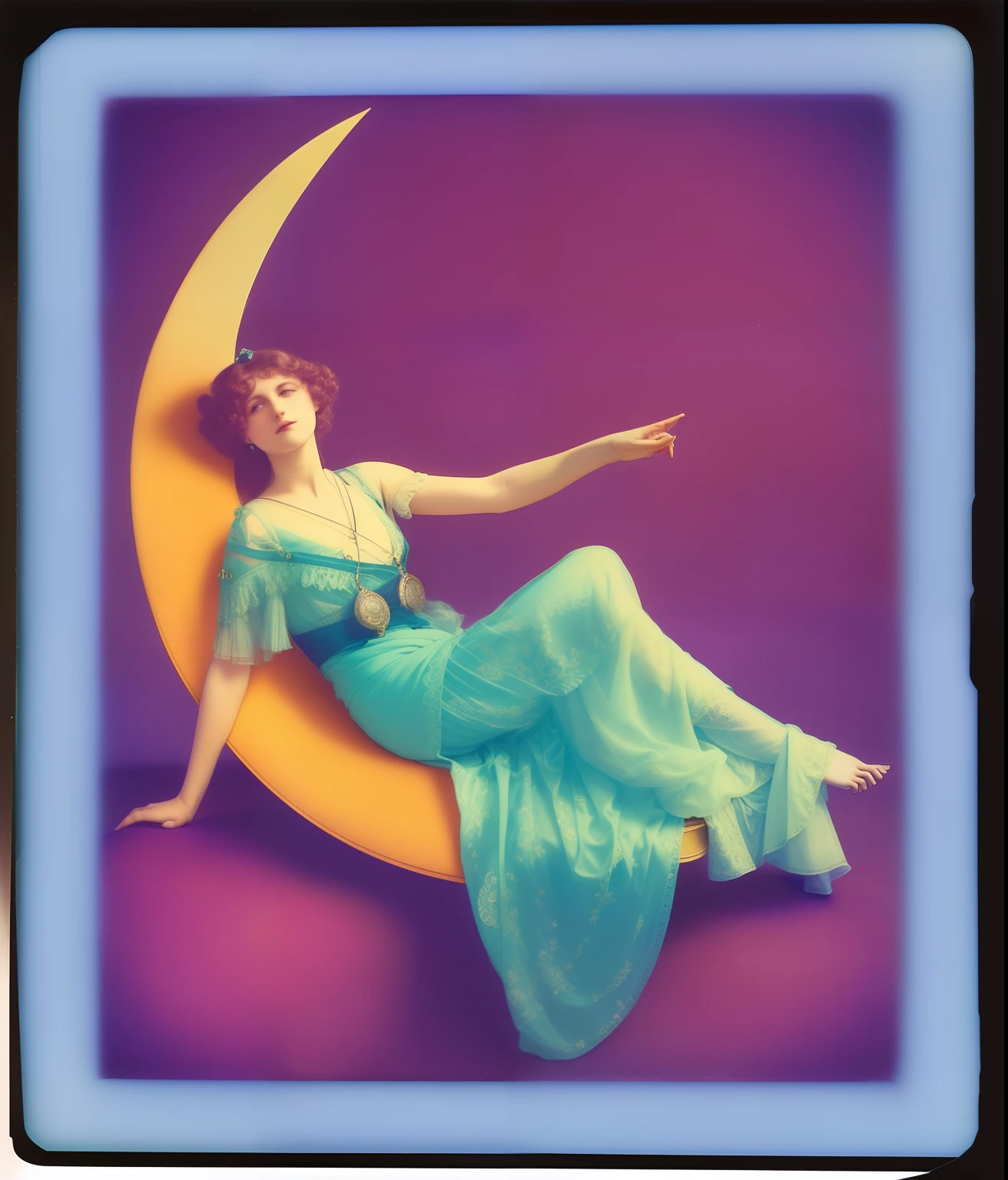 arafed woman sitting on a crescent with her arms outstretched, 1 9 1 0 s photography, 1900's photography, moon goddess, 1 8 9 0 s photography, 1910 polaroid photo, 1 9 1 0 polaroid photo, 1 9 0 0 s photography, 1900s photography, art nouveau fashion photography