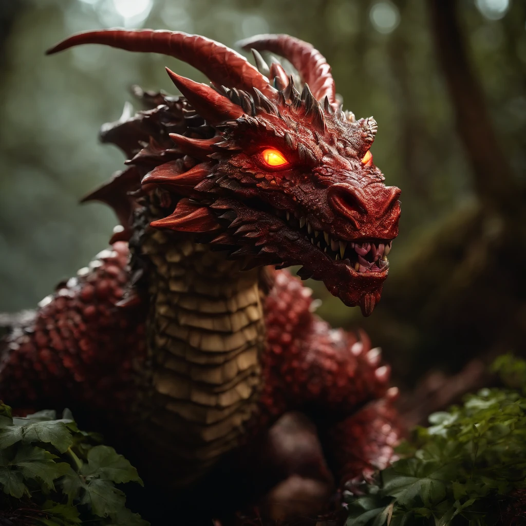 A 6 ft tall6red dragonborn,wings ripped off, sobbing, hanging by a noose in a tree, bodies litter the ground, the dragonborn is looking at the observer sobbing with a broken smile, his body is swinging