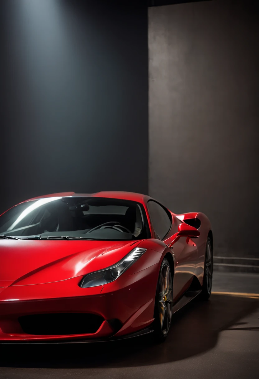 Detailed raw HD photo medium-distance photo of a (ferrari) with a big spoiler, showroom, parked in a parcade (darkly lit, dimly lit, discreet) grunge , menacing urban environment, metal tubes, concreating, decay, micro-details, hyperdetailed, raytracing, realism, crystal clear, photorealism, photorealistic,
(nocturnal, pitch, moody and dark:1.3) (bright headlights: 1.2)