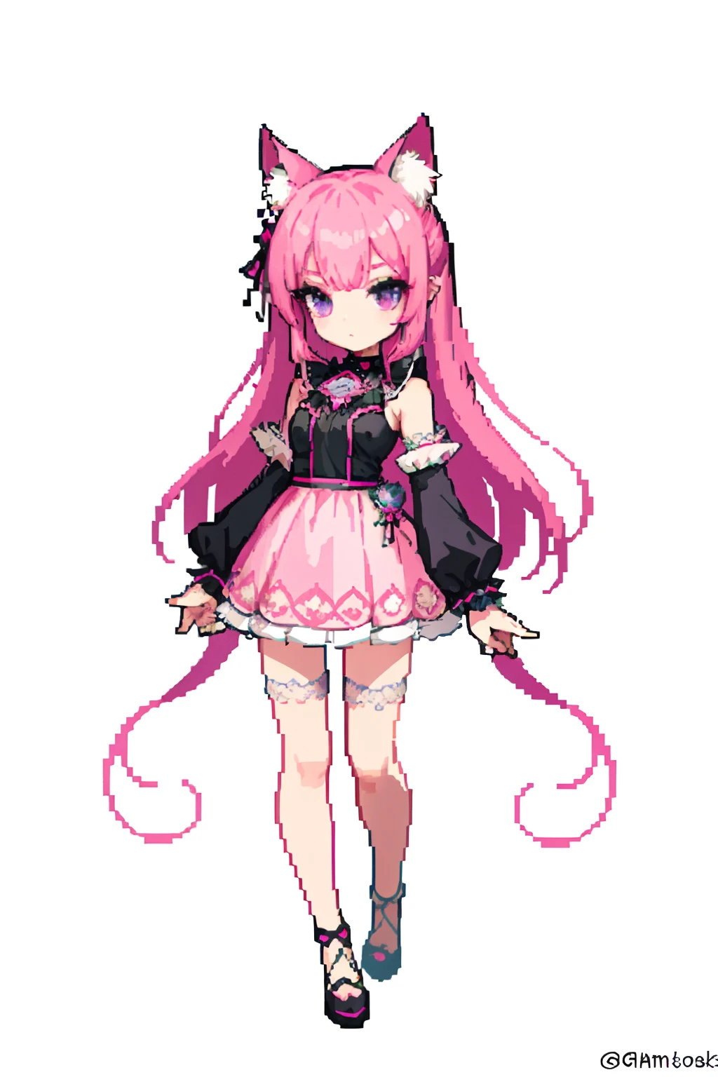 (masterpiece, top quality, best quality), pixel,pixel art,1girl, pink long hair, violet eyes, neko pink ears, red marks in face, sfw, Gothic clothing, black clothes with ornaments, full body, pink cat ears