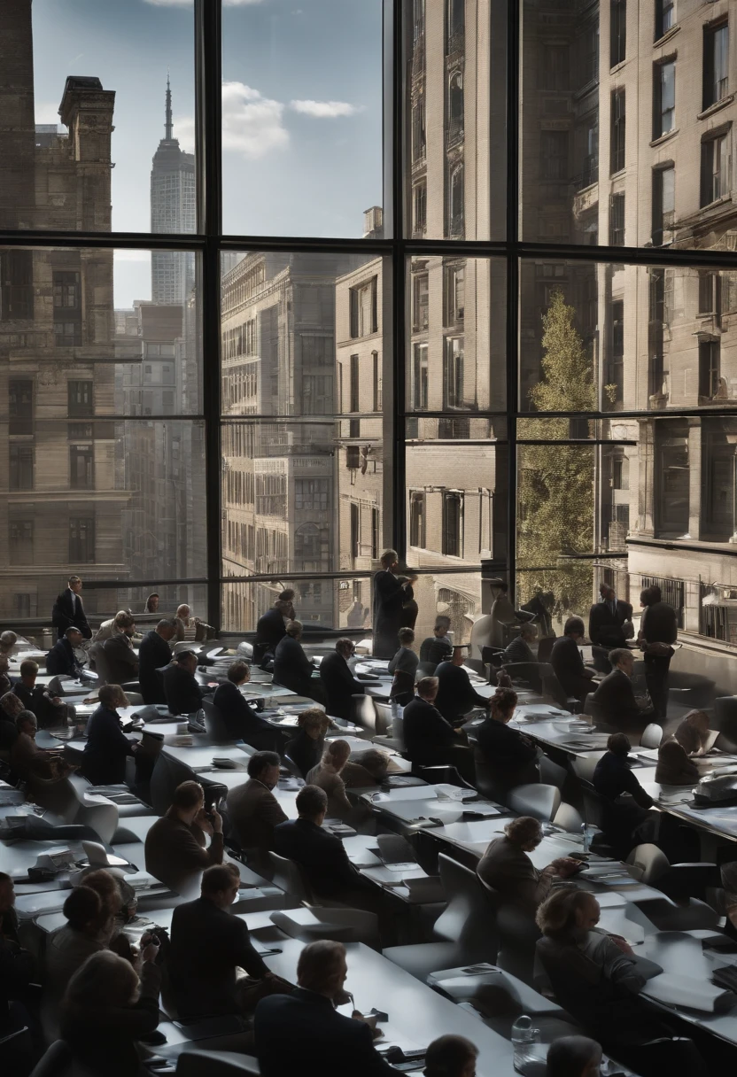 (((People))) are depicted as modern-day slaves to capitalism. In a stark urban setting, individuals are glued to their (((cellphones))) while immersed in their daily grind, symbolizing the relentless pursuit of material wealth. The scene is dominated by a sea of faceless figures in a monotonous work environment. Each person's face is obscured by the glow of their screens, emphasizing the loss of individuality in the race for consumption. The harsh, unnatural lighting of the workspace casts long shadows, highlighting the pervasive influence of capitalism. Render this image with a professional photographic style, employing a 35mm lens for a realistic perspective.