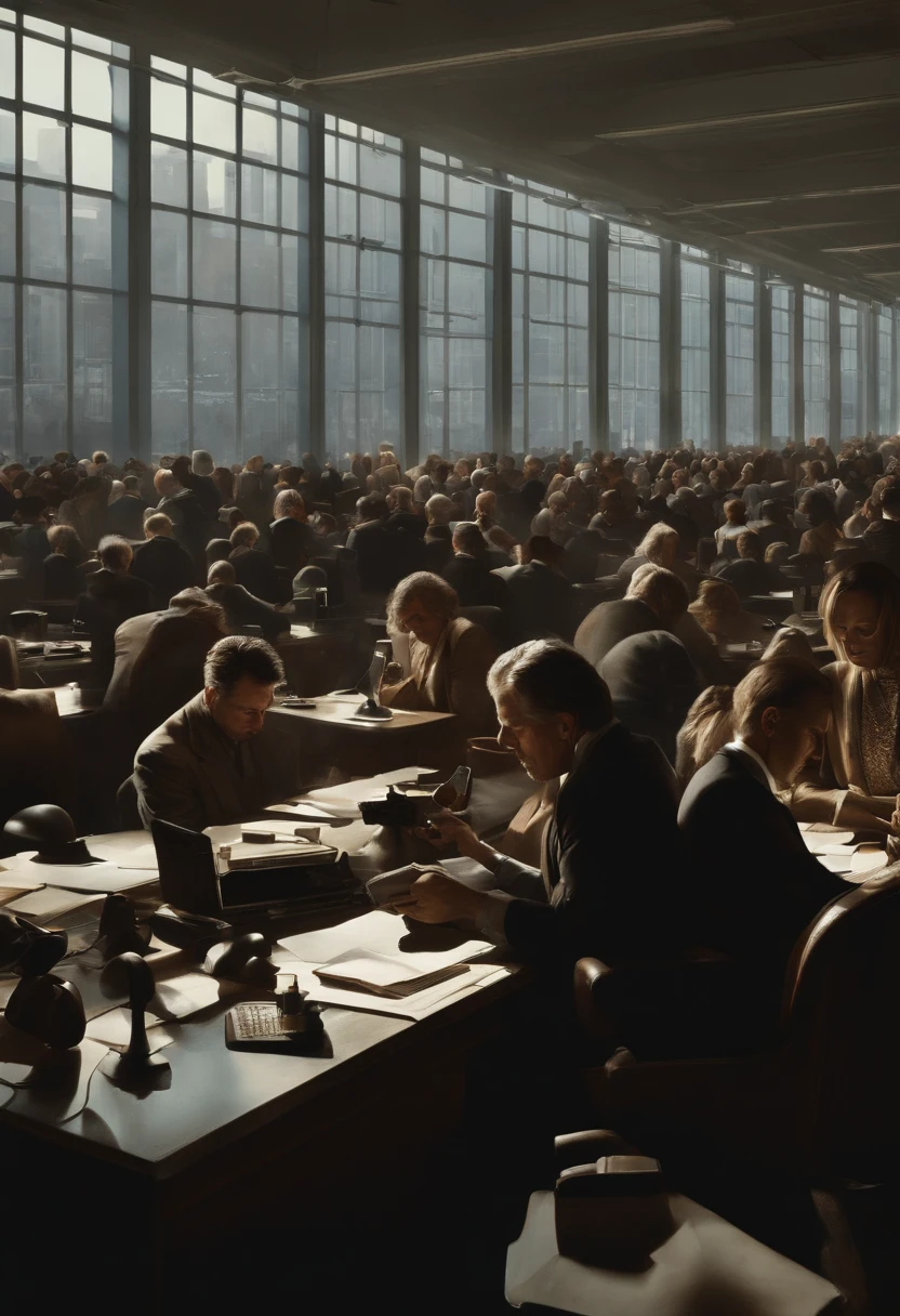 (((People))) are depicted as modern-day slaves to capitalism. In a stark urban setting, individuals are glued to their (((cellphones))) while immersed in their daily grind, symbolizing the relentless pursuit of material wealth. The scene is dominated by a sea of faceless figures in a monotonous work environment. Each person's face is obscured by the glow of their screens, emphasizing the loss of individuality in the race for consumption. The harsh, unnatural lighting of the workspace casts long shadows, highlighting the pervasive influence of capitalism. Render this image with a professional photographic style, employing a 35mm lens for a realistic perspective.