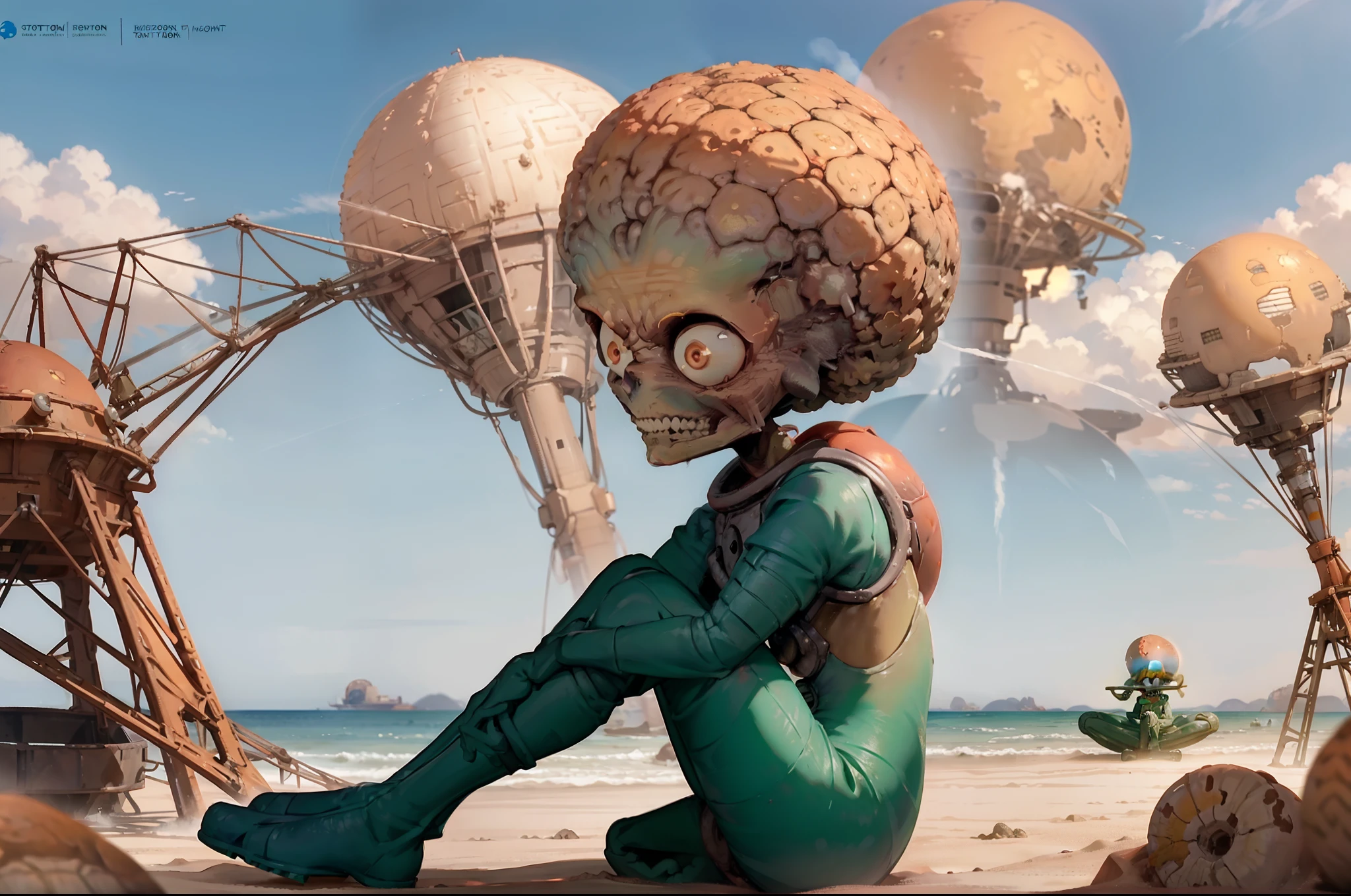 A Martian of Mars attacks in an isolated planet, sitting on the russet sand looking at the sea, behind him a crushed flying saucer semi covered by sand, sunny day, sky with some pastel clouds.