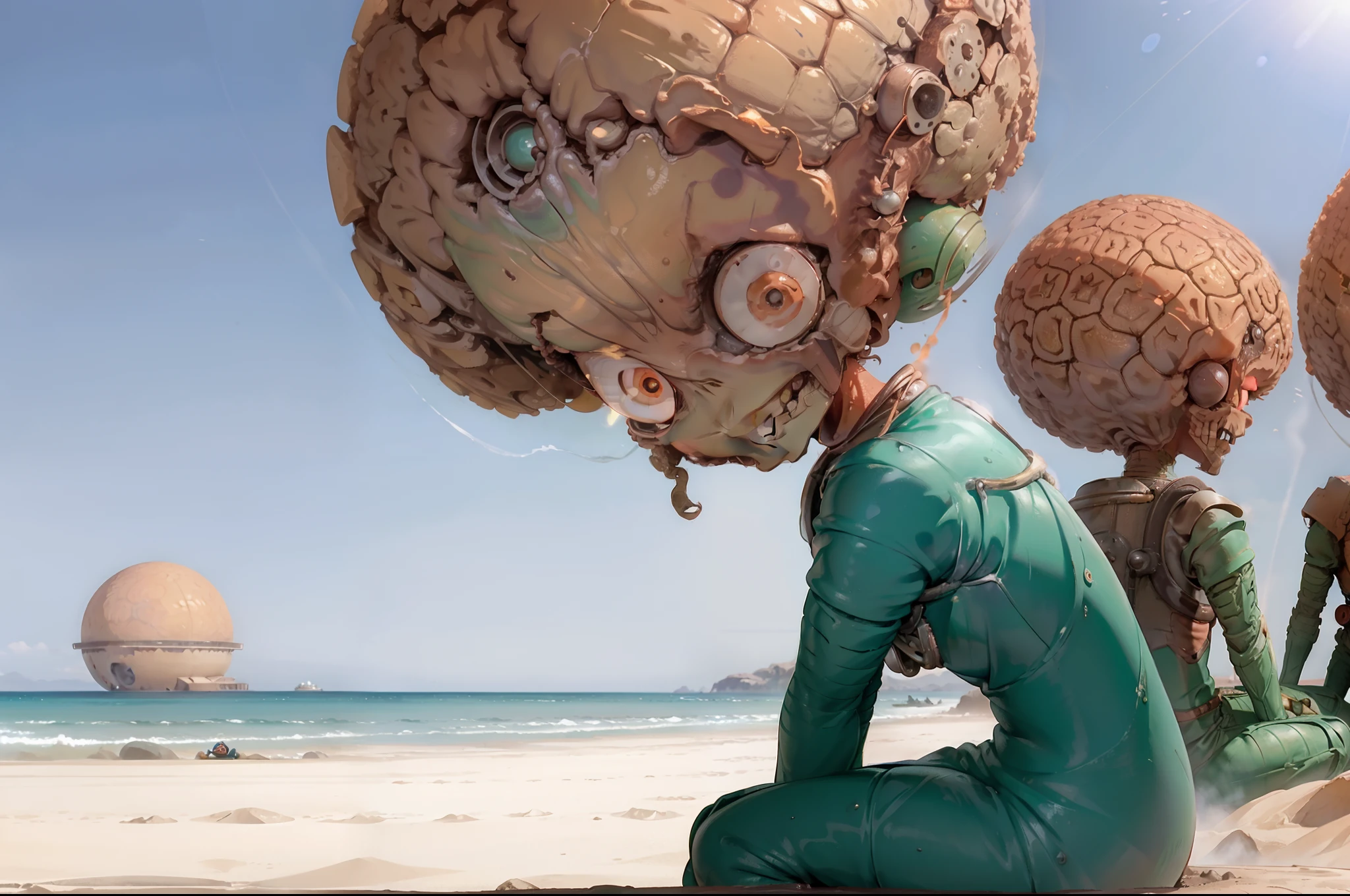 A Martian of Mars attacks in an isolated planet, sitting on the russet sand looking at the sea, behind him a crushed flying saucer semi covered by sand, sunny day, sky with some pastel clouds.