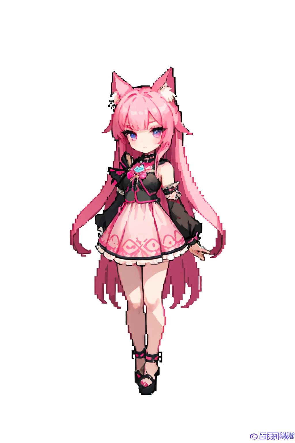 (masterpiece, top quality, best quality), pixel,pixel art,1girl, pink long hair, violet eyes, neko pink ears, red marks in face, sfw, Gothic clothing, black clothes with ornaments, full body, pink cat ears